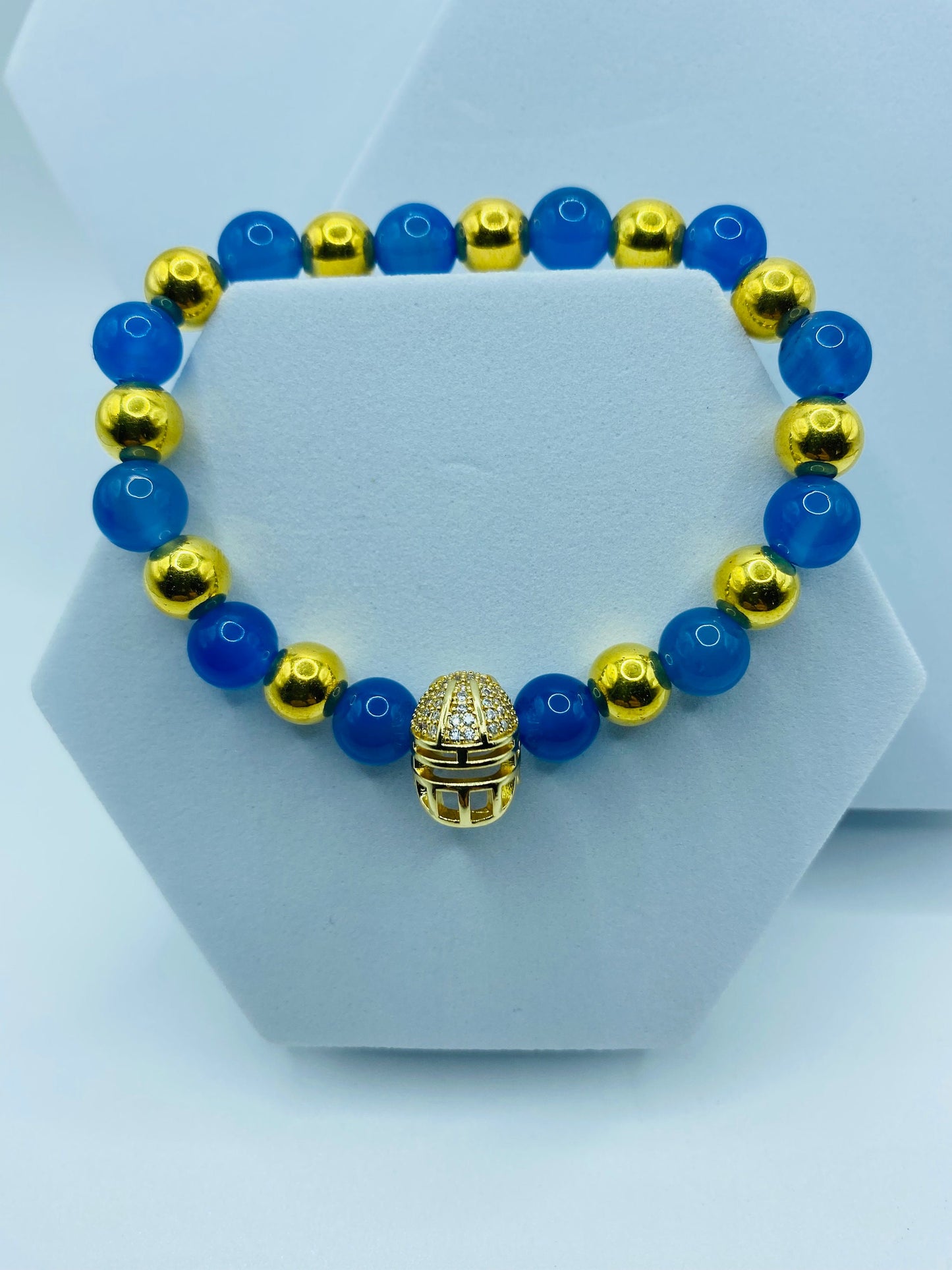 UCLA Football Bracelet: Blue Agate, Gold Helmet Charm