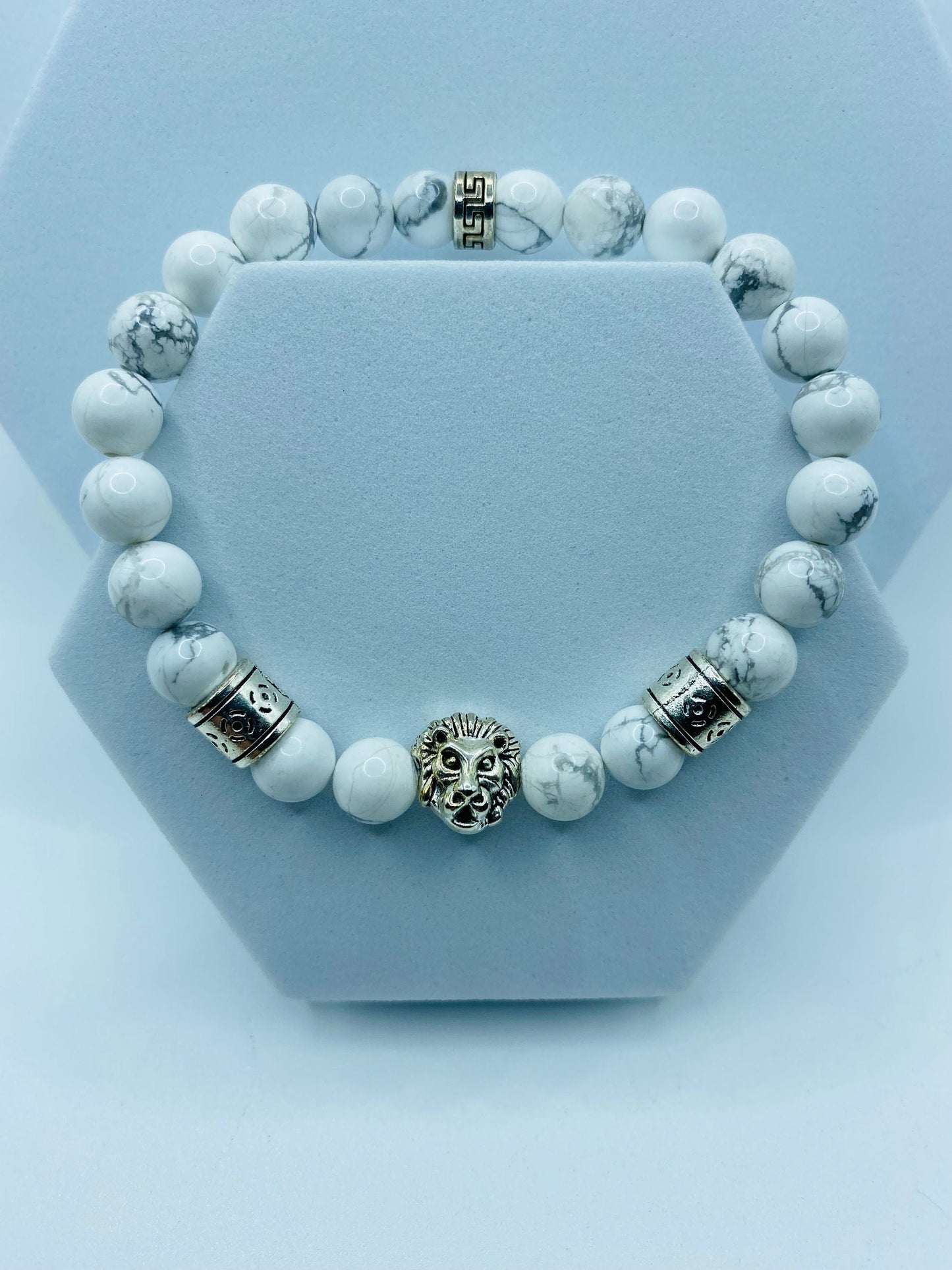 Mens Howlite Bracelet: Lion Charm, Tibetan Silver Spacers