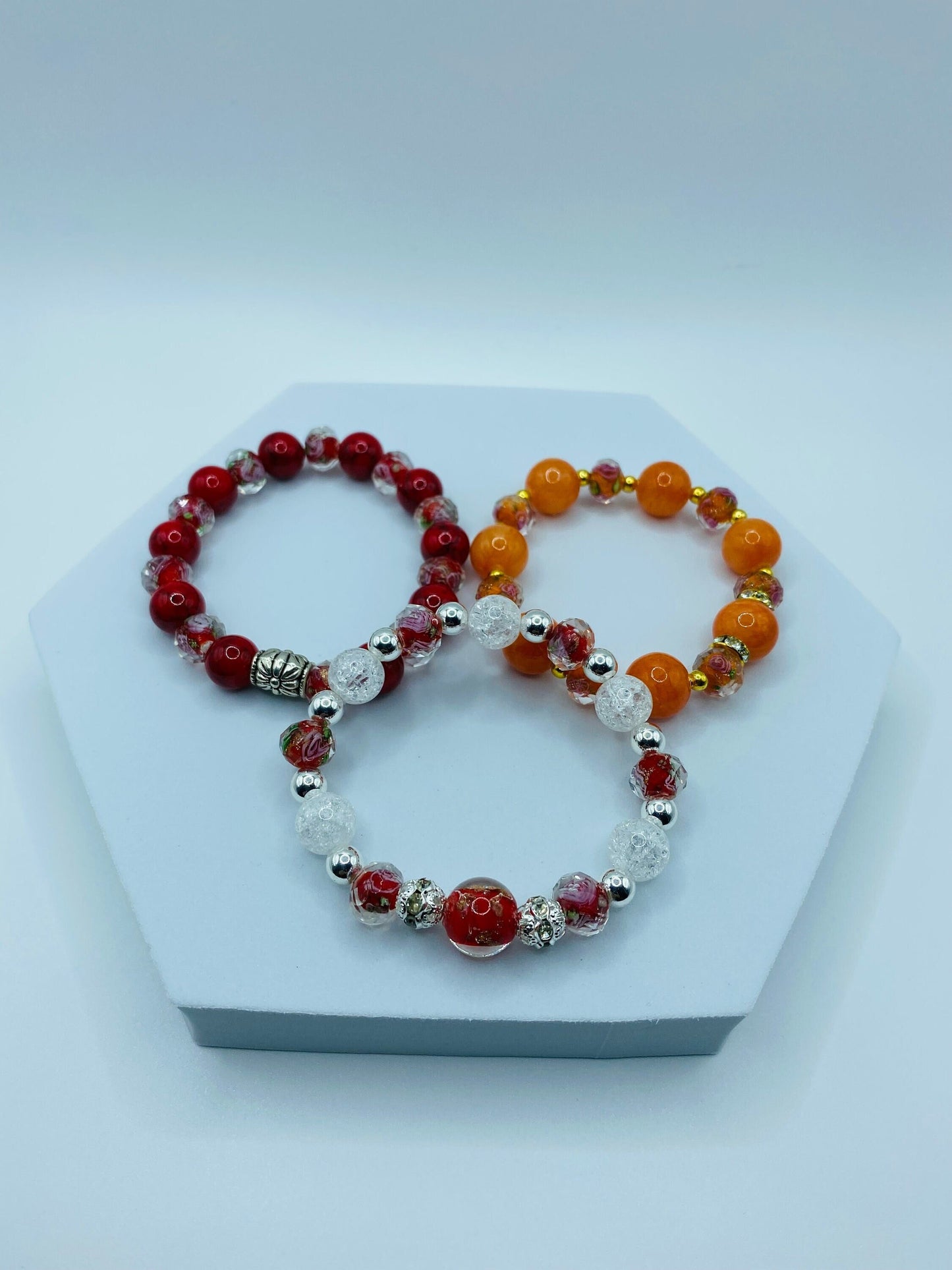 Lampwork Floral Glass Bead Bracelet: Crystal Quartz & Hematite