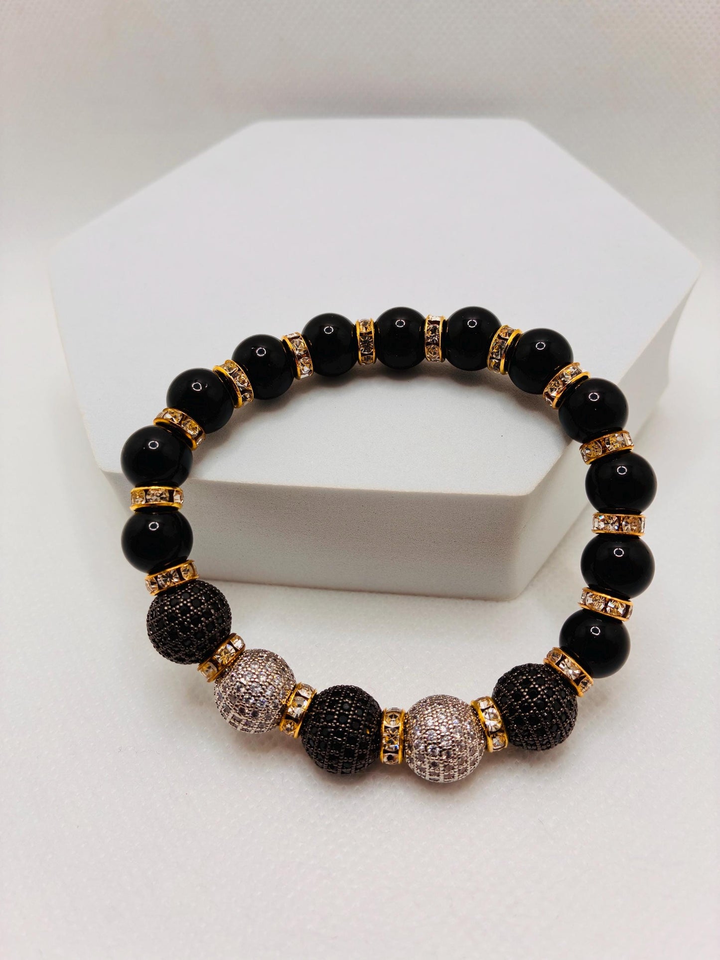 Black Onyx Bracelet with Brass Rhinestone & Zirconia Beads: Gold Plated Rondelles