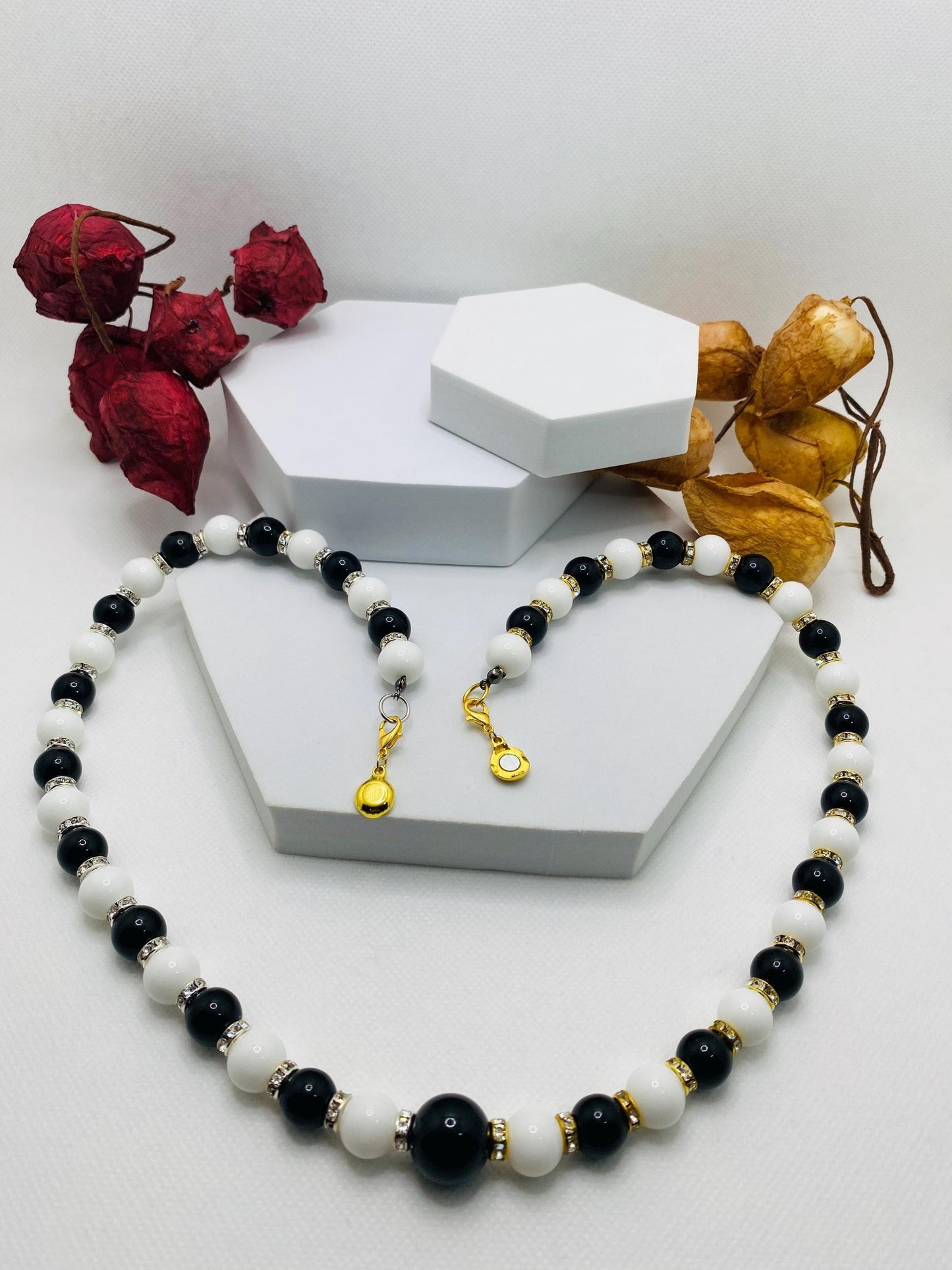 Handmade Onyx Gemstone Necklace: Black & White Beaded Jewelry