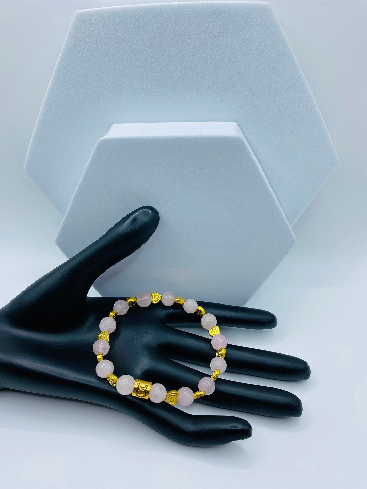 Rose Quartz Bracelet: 18K Gold Heart & Taurus Zodiac Charm