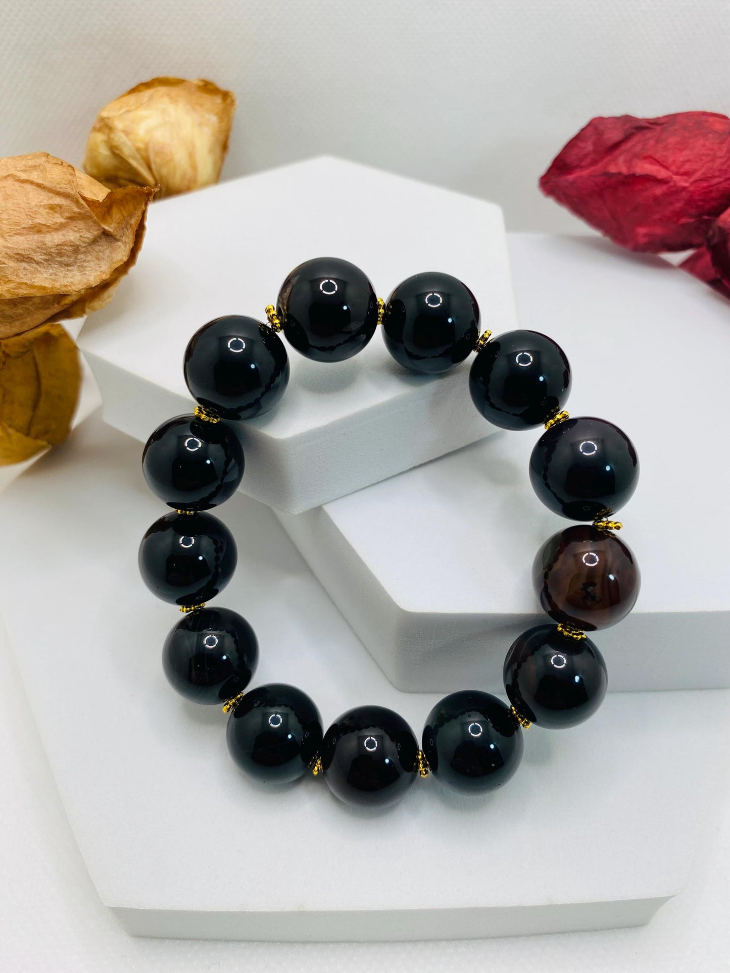 Handmade Obsidian & Agate Gemstone Bracelet with Golden Spacers