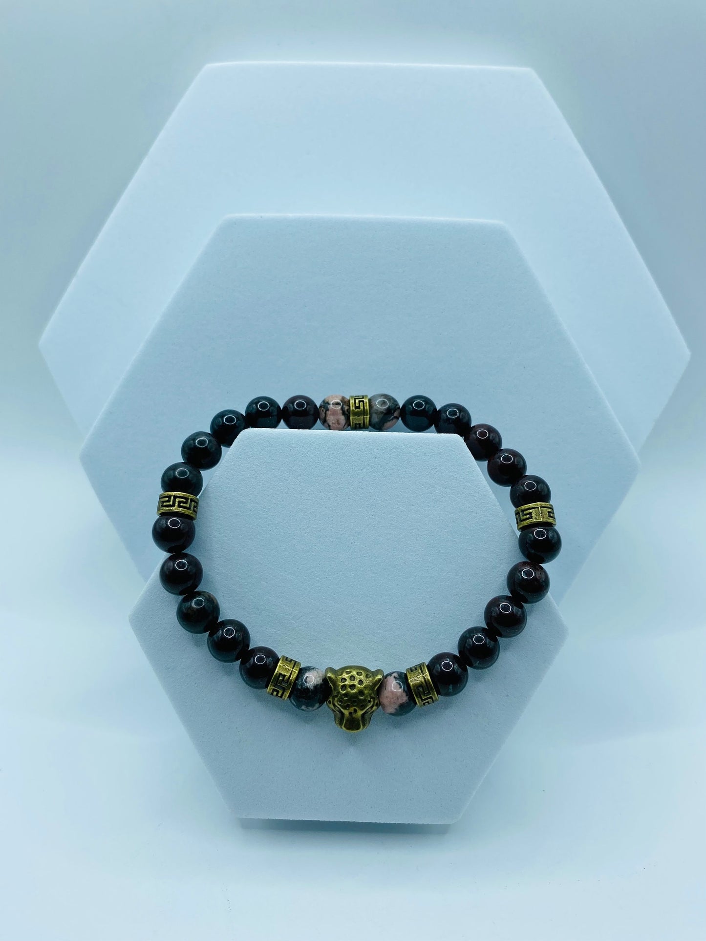 Mens Leopard Charm Bracelet: Bronzite Gemstone Beads, Tibetan Spacers