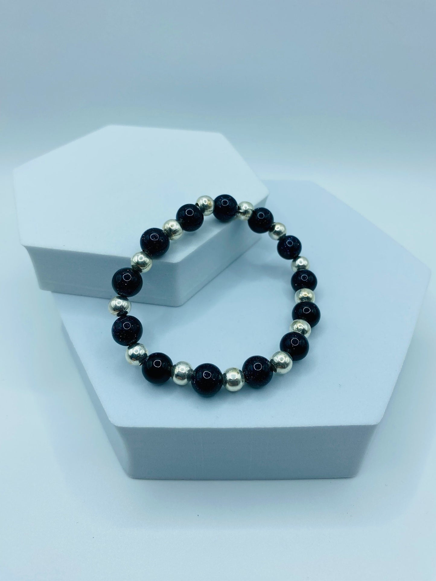 Beaded Bracelet Silver Hematite & Blue Sandstone Gemstone Beads - Mens Bracelet - Bracelets for Women