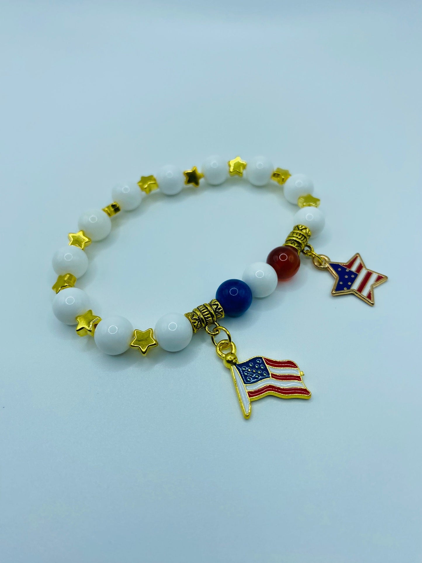 American Flag Charm Bracelet: Red Carnelian, Blue Agate, Mother of Pearl