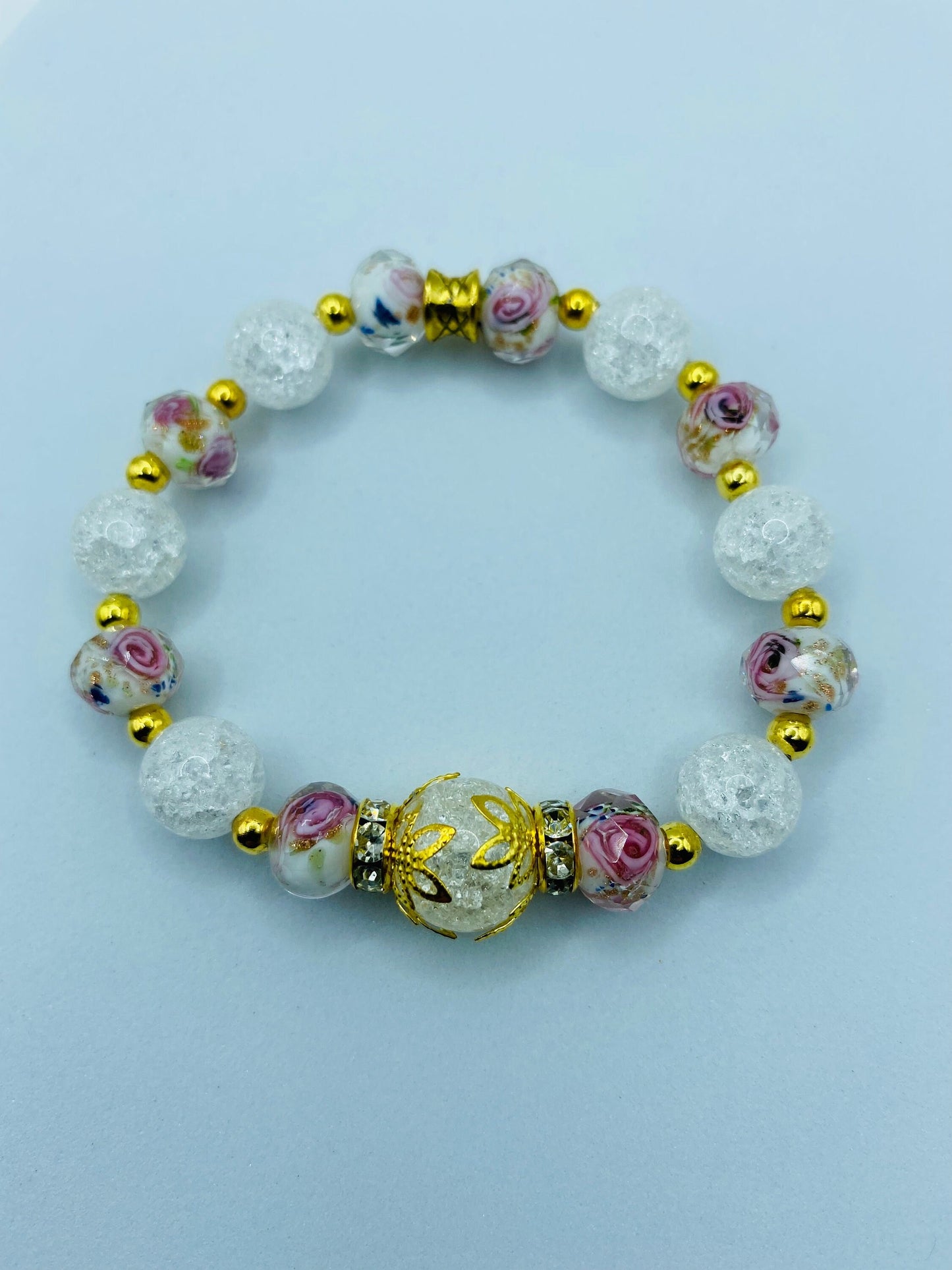 Quartz Crystal Bracelet: Lampwork Floral Glass & 18k Gold Hematite Beads