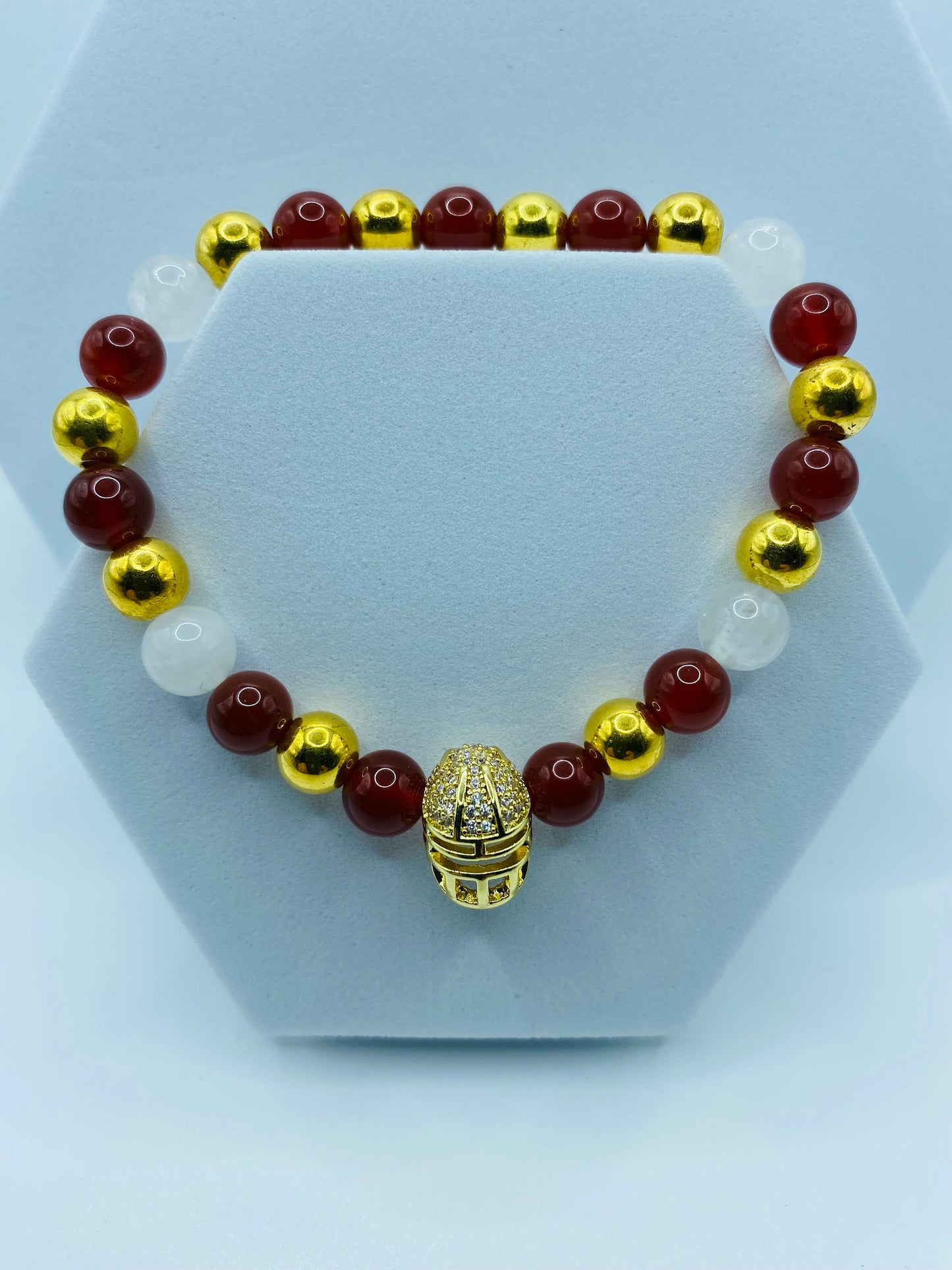 49ers Gemstone Bracelet: CZ Football Helmet, Jade & Carnelian Beads