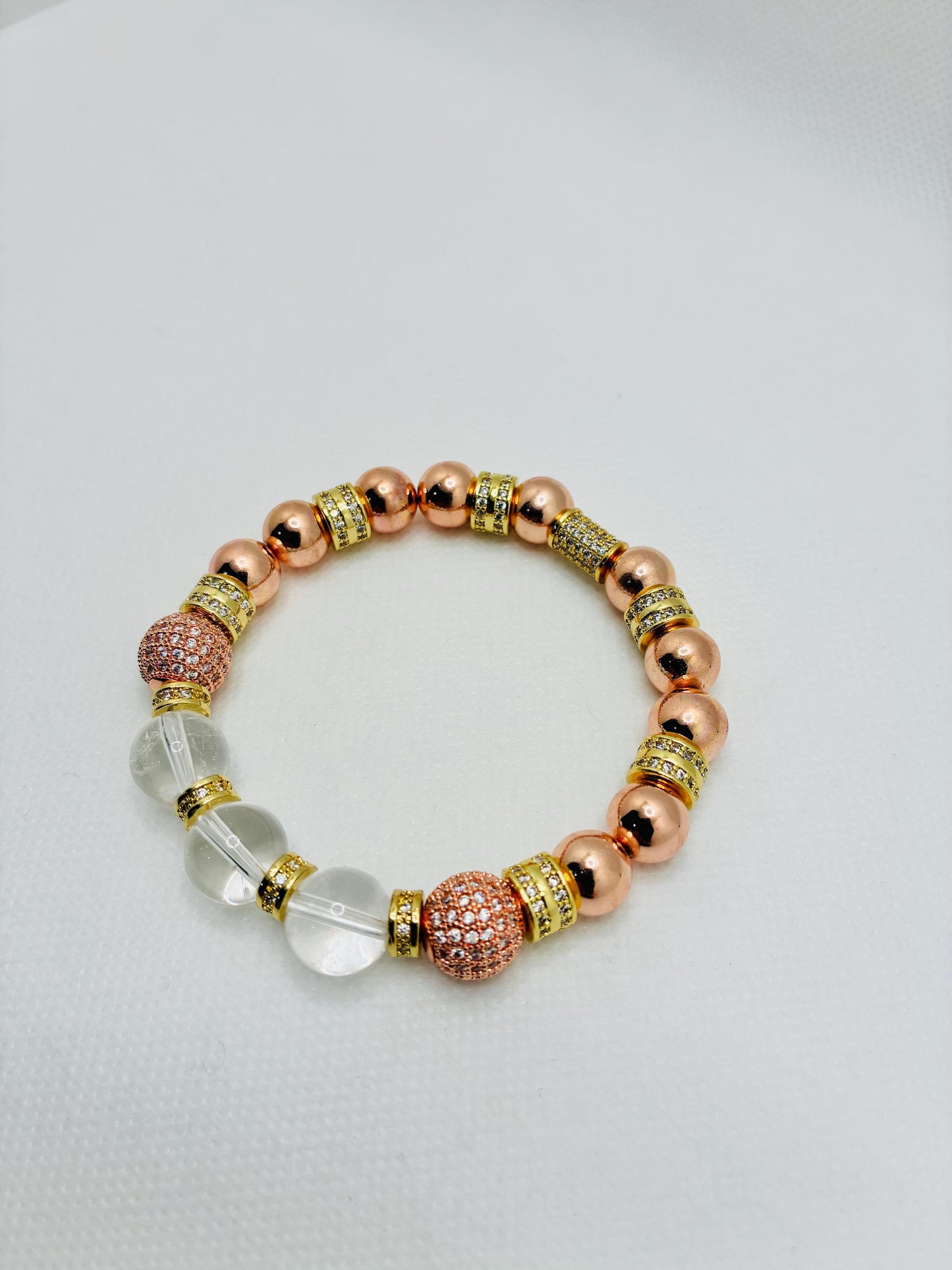 Rose Gold Plated Hematite Bracelet: Clear Quartz & Cubic Zirconia Beads