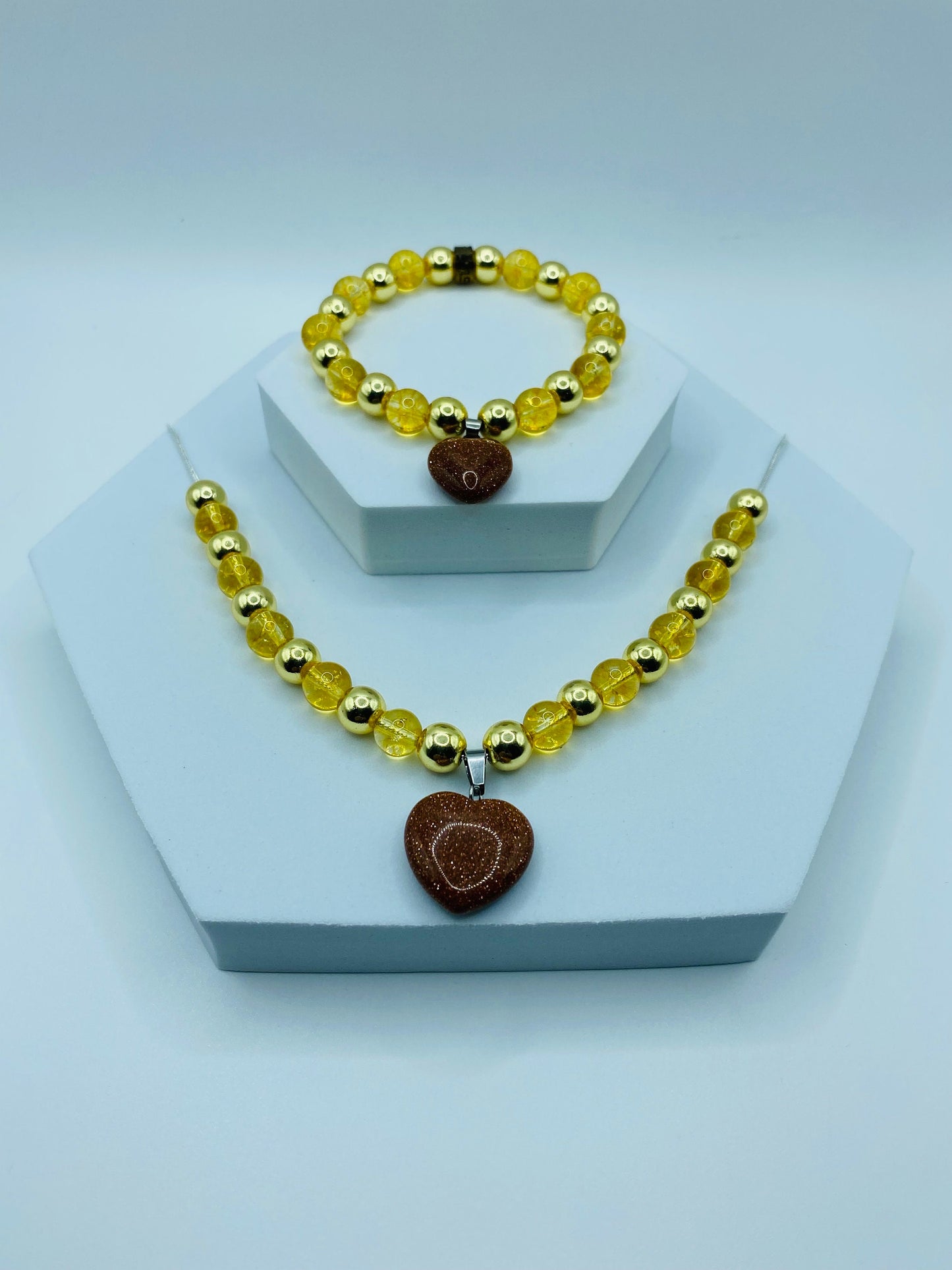 Womens Jewelry Citrine Necklace & Bracelet - Gold Hematite and Goldstone Heart Charms - Gifts for Women