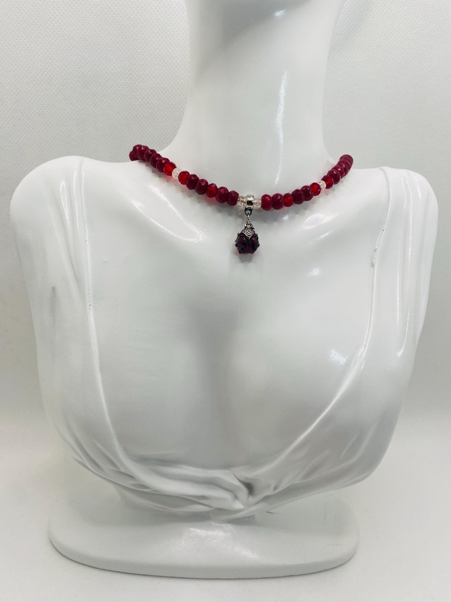 Handmade Red Jade Necklace: Ladybug Charm, Crystal Quartz Beads