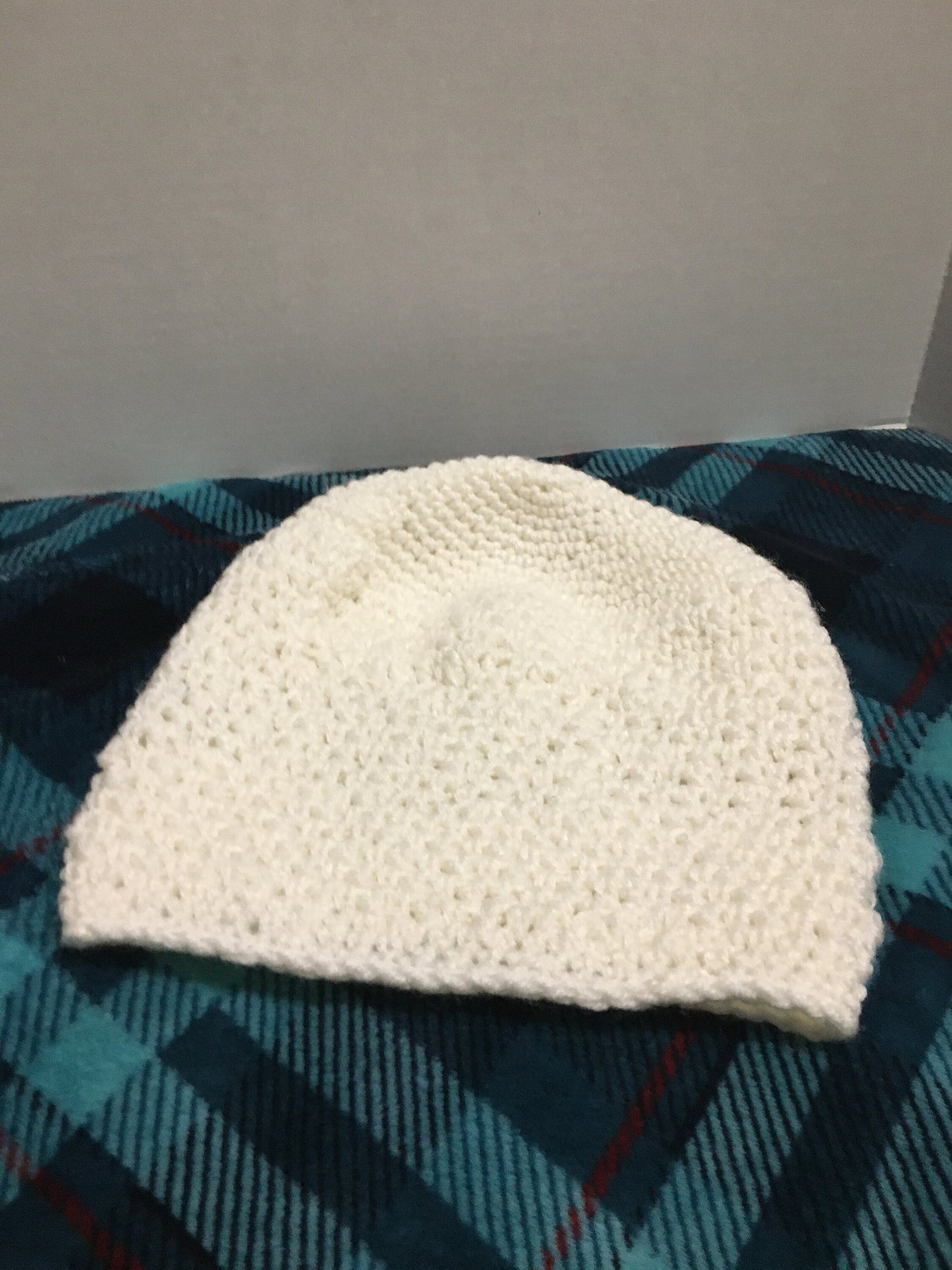 Handmade Crochet Slouchy Beanie: White Acrylic Hat with Flower
