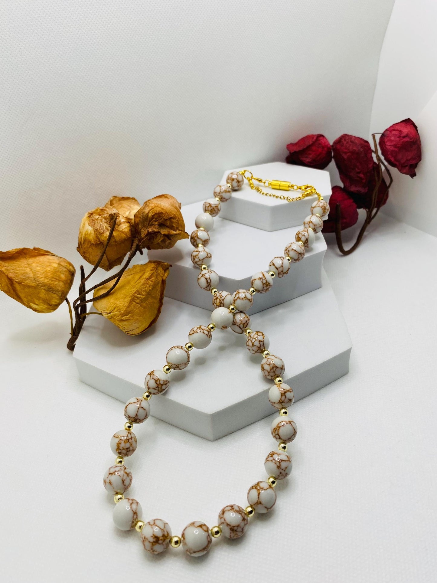 Howlite Gemstone Necklace: Gold Hematite Beaded Jewelry
