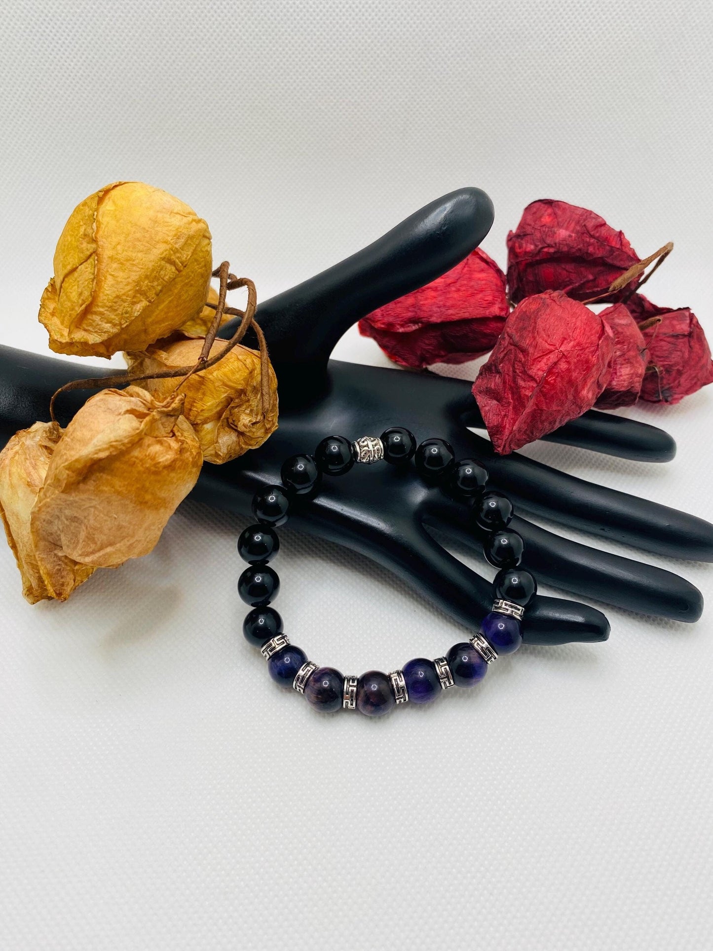 Tigers Eye & Black Onyx Bracelet: Tibetan Gemstone Jewelry