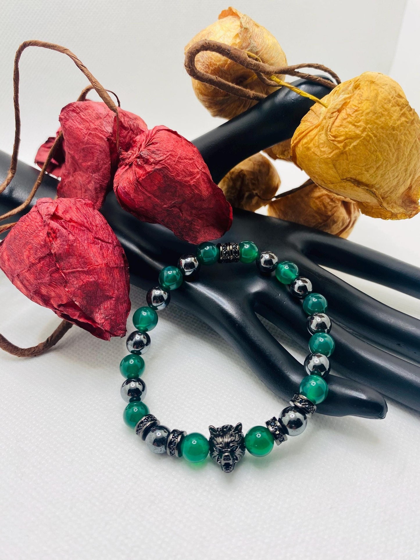 Black Wolf Charm Bracelet: Jade & Hematite Gemstone Beads
