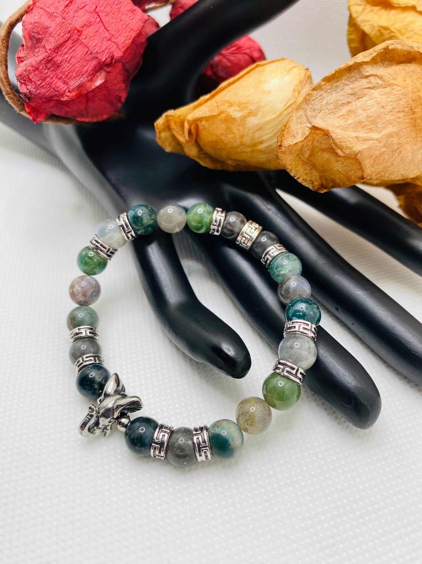Moss Agate Beaded Bracelet: Elephant Charm, Tibetan Silver Spacers