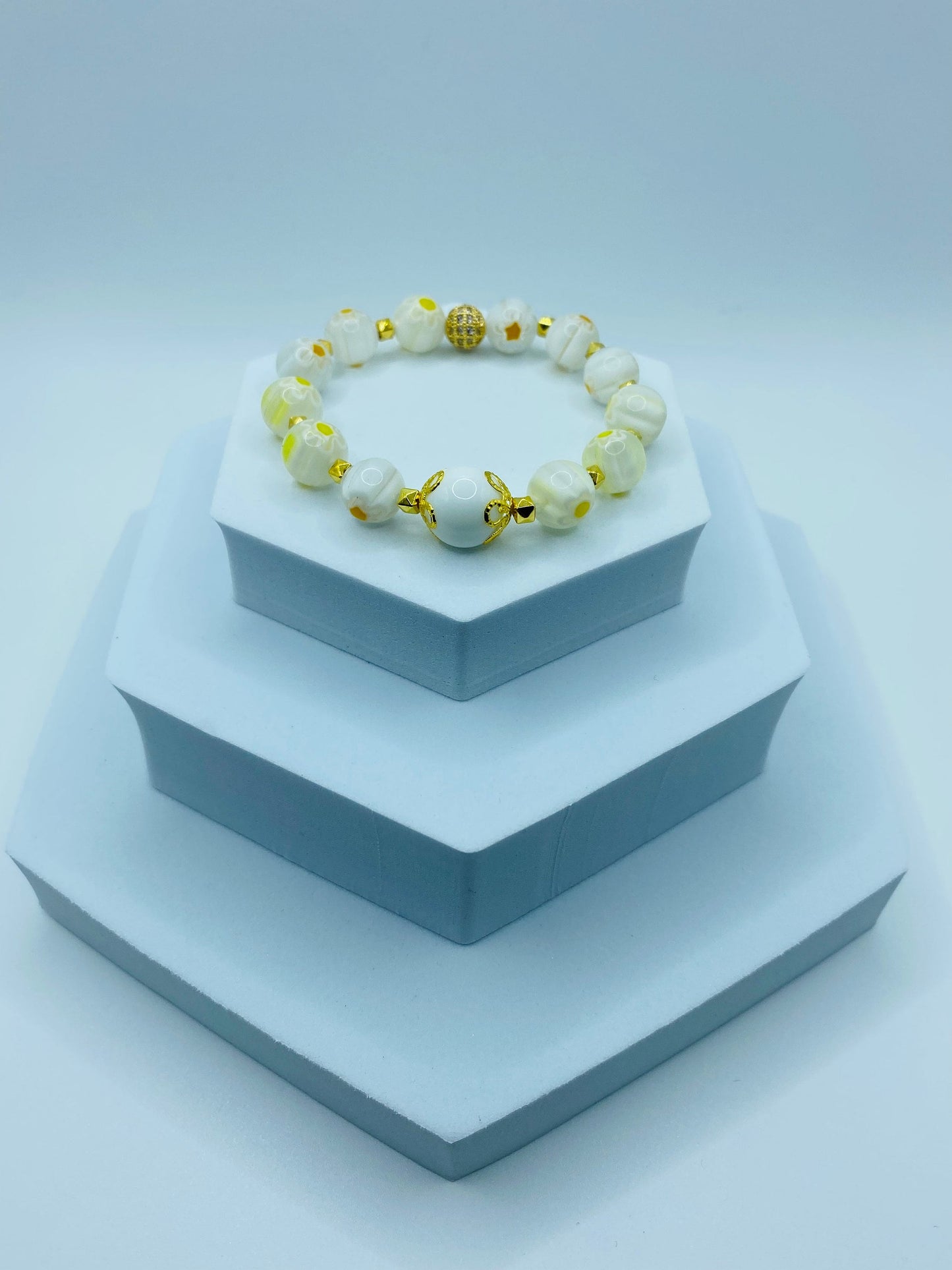 White Jade Bracelet: Millefiori Lampwork Glass Beads, 18k Gold-Plated Accents