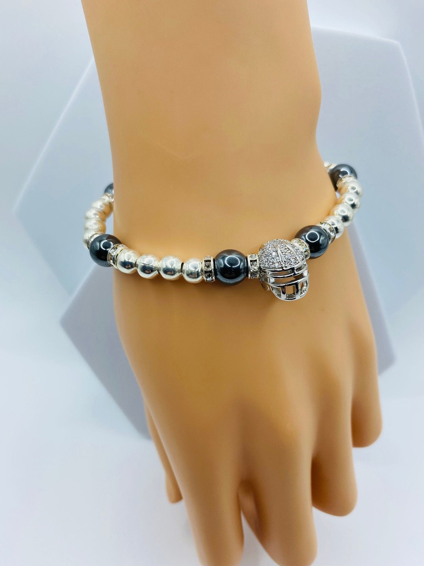 Las Vegas Raiders Bracelet: Hematite Beads, CZ Football Helmet
