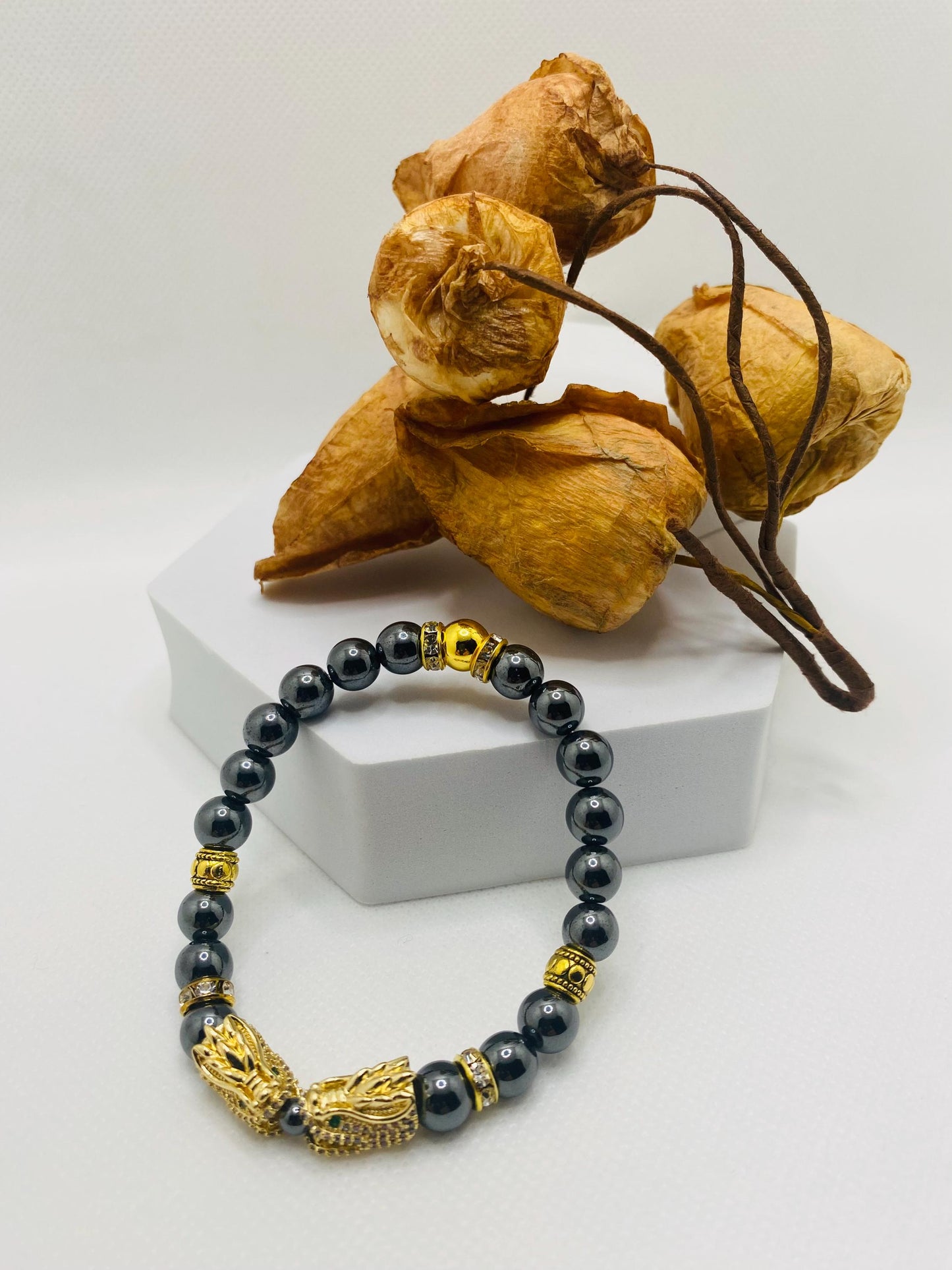 Hematite Dragon Bracelet: Gold Plated Charm, Rhinestone Spacers