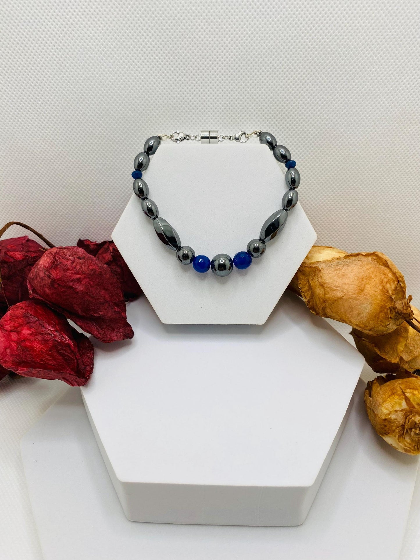 Handmade Jewelry for Men, Womens Jewelry with Hematite and Chalcedony Gemstone Beads, Magnetic Clasp