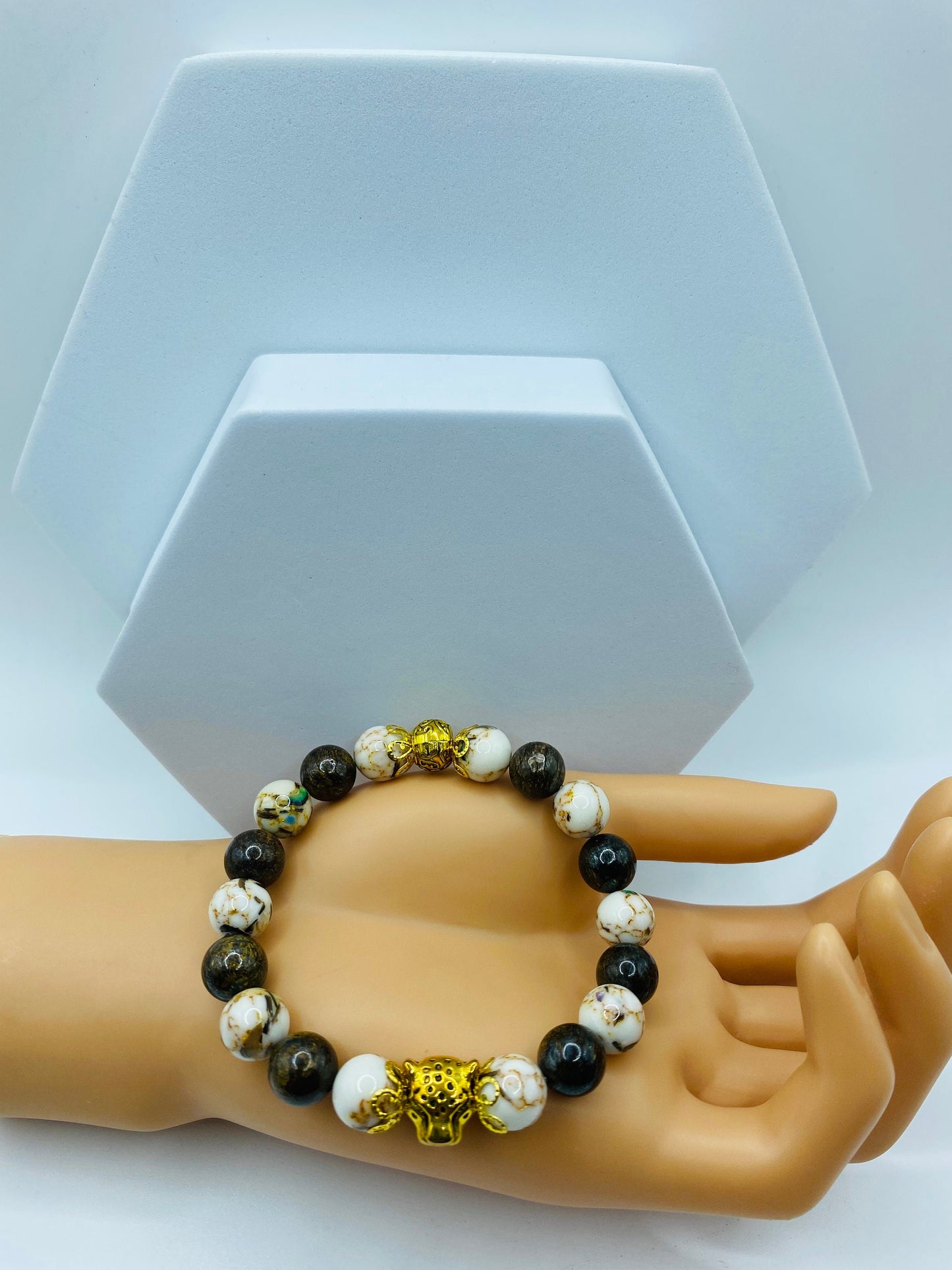 Leopard Charm Bracelet: Bronzite & White Shell Turquoise Gemstone Beads