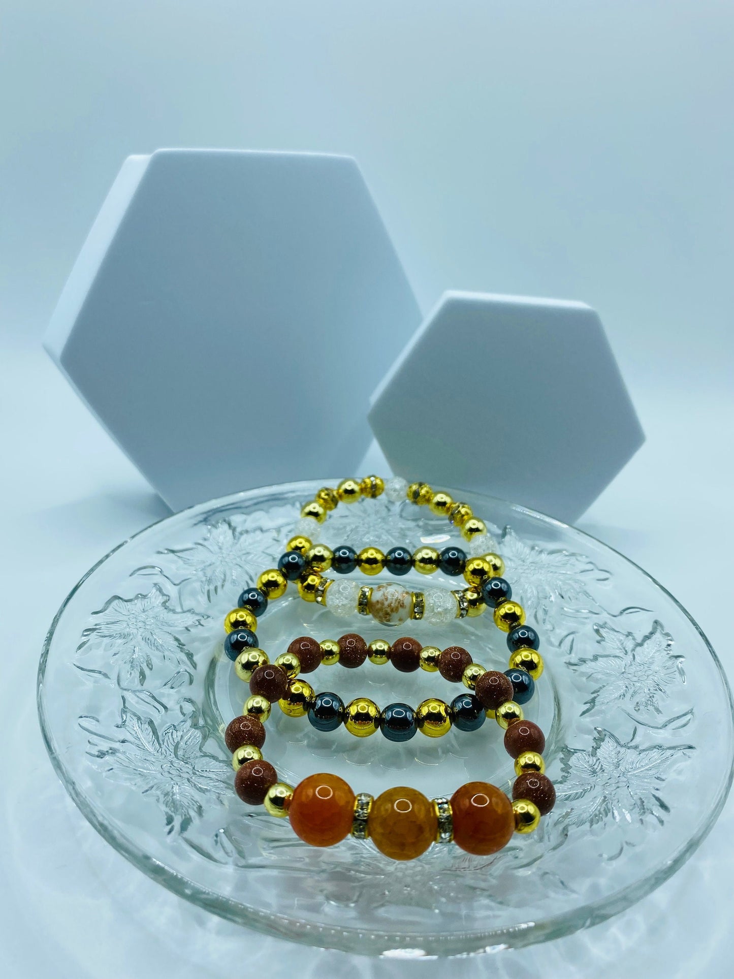 Handmade Orange Jade Bracelet: Goldstone & Gold-Plated Hematite Beads
