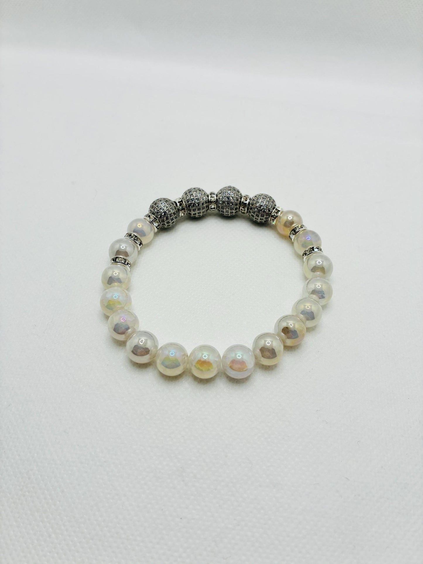 Brass Rhinestone & Zircon Beads White Gold and Snow Quartz Gemstone Bracelet: Silver Plated Rondelles
