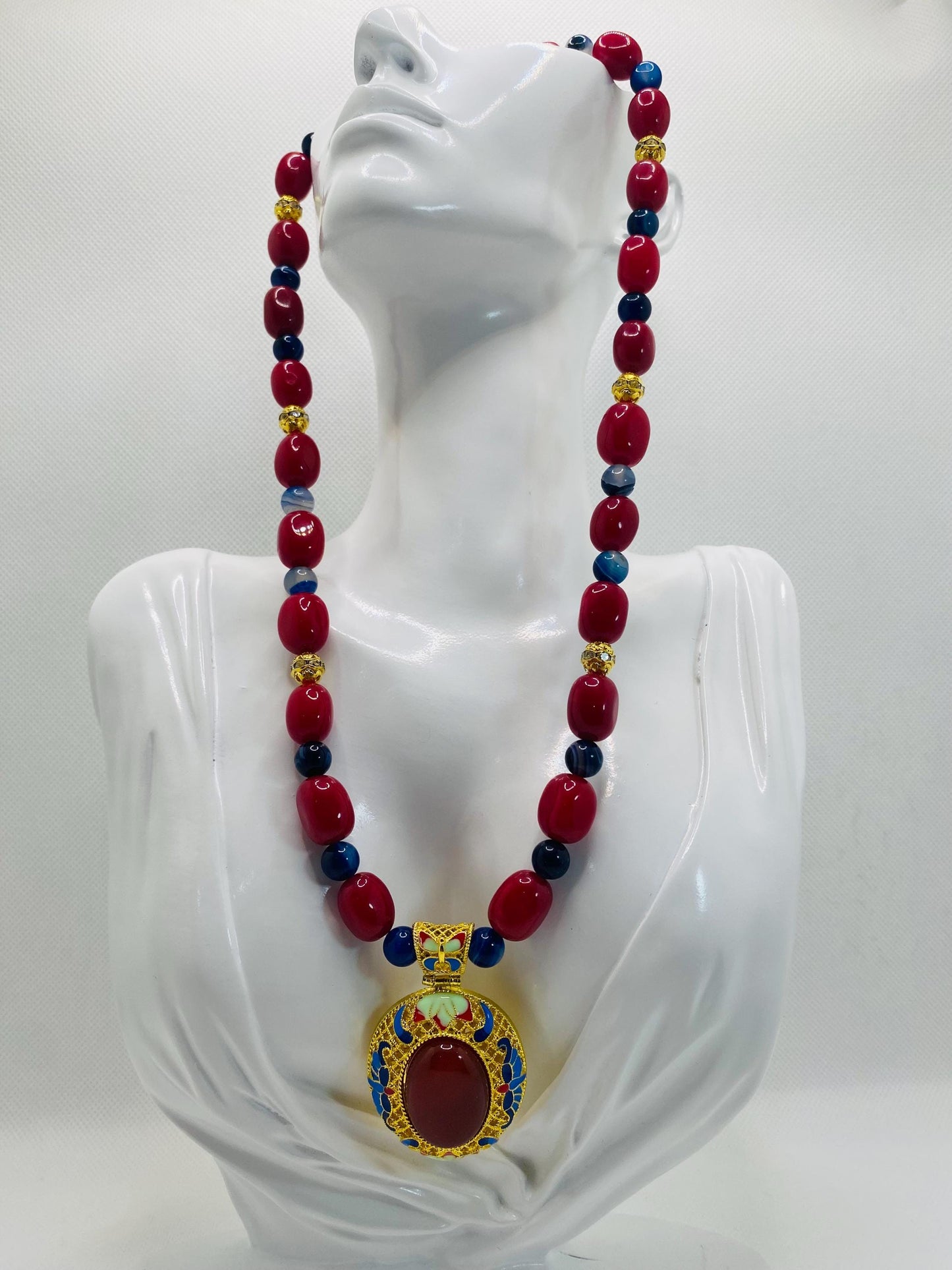 Chalcedony Pendant Necklace: Red Jade & Agate Gemstone Boho Jewelry