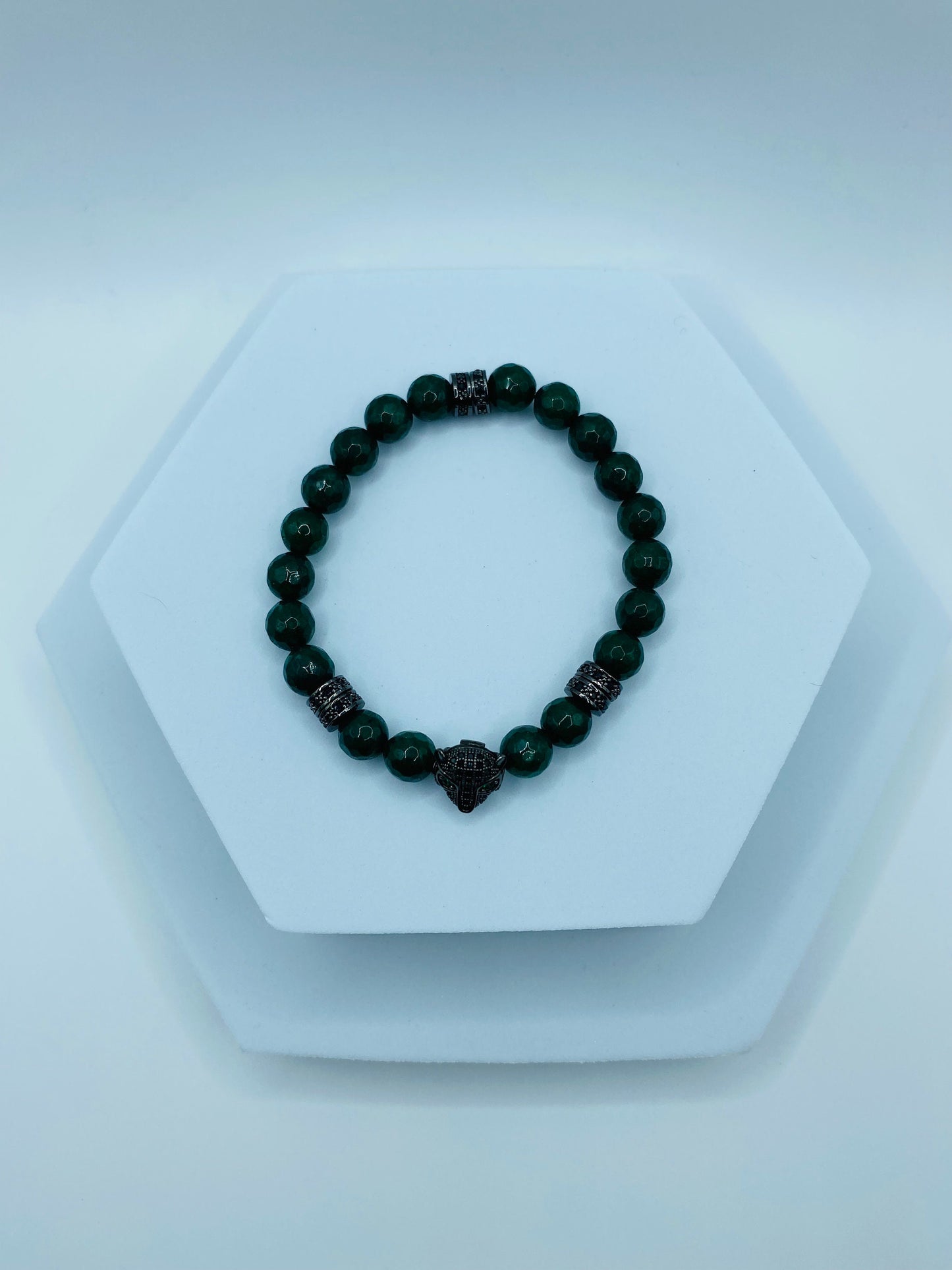 Emerald Green Jade Bracelet: Black Panther Charm, Rhinestone Spacers