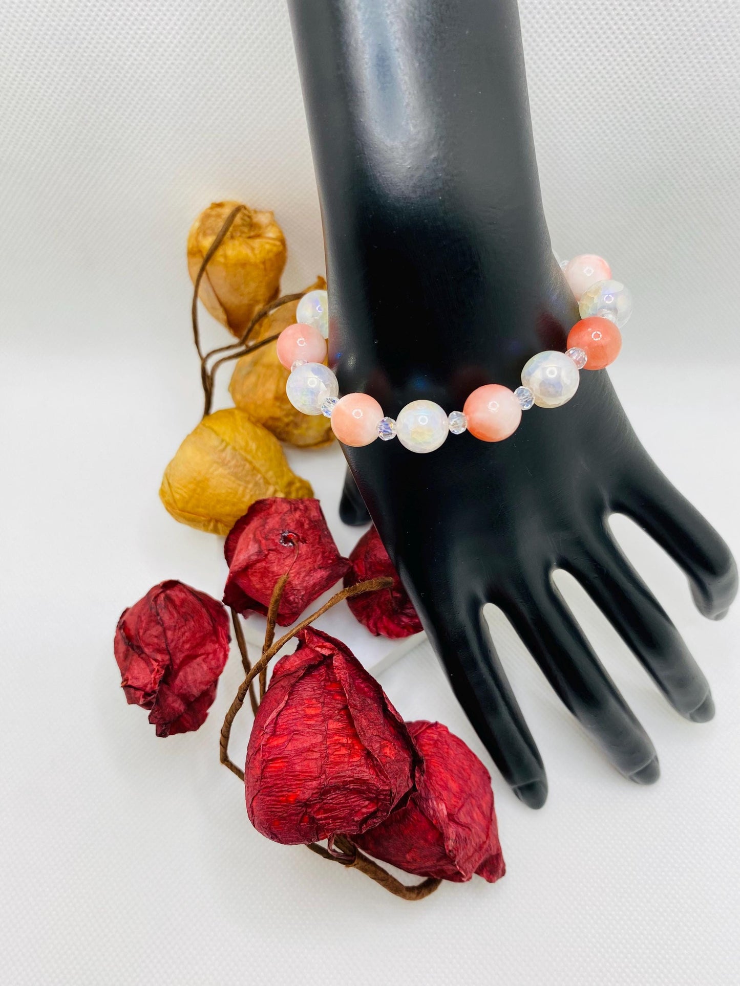 Snow Quartz, Onyx & Persian Pink Gemstone Bracelet
