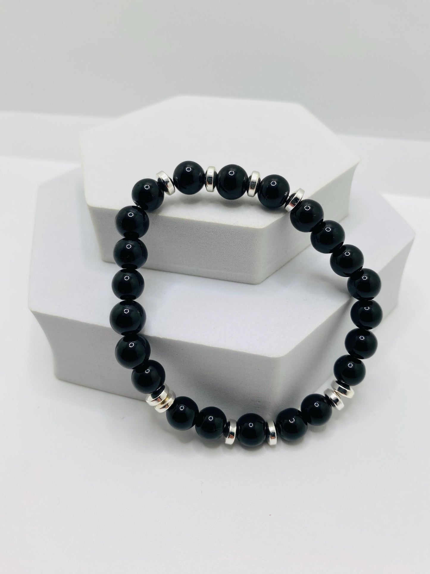 Black Onyx Beaded Bracelet for Men: Silver Plated Accents