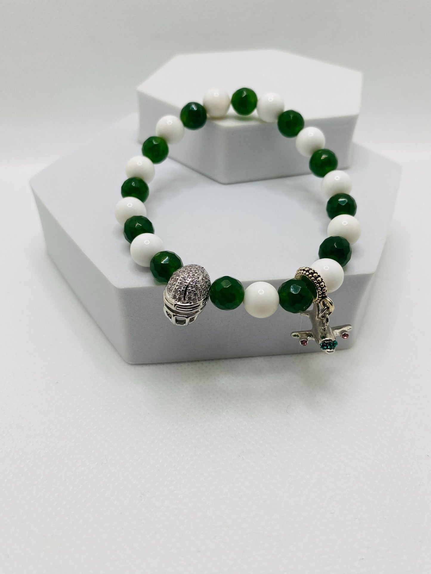 New York Jets Jade Beaded Bracelet: Football Helmet & Airplane Charm