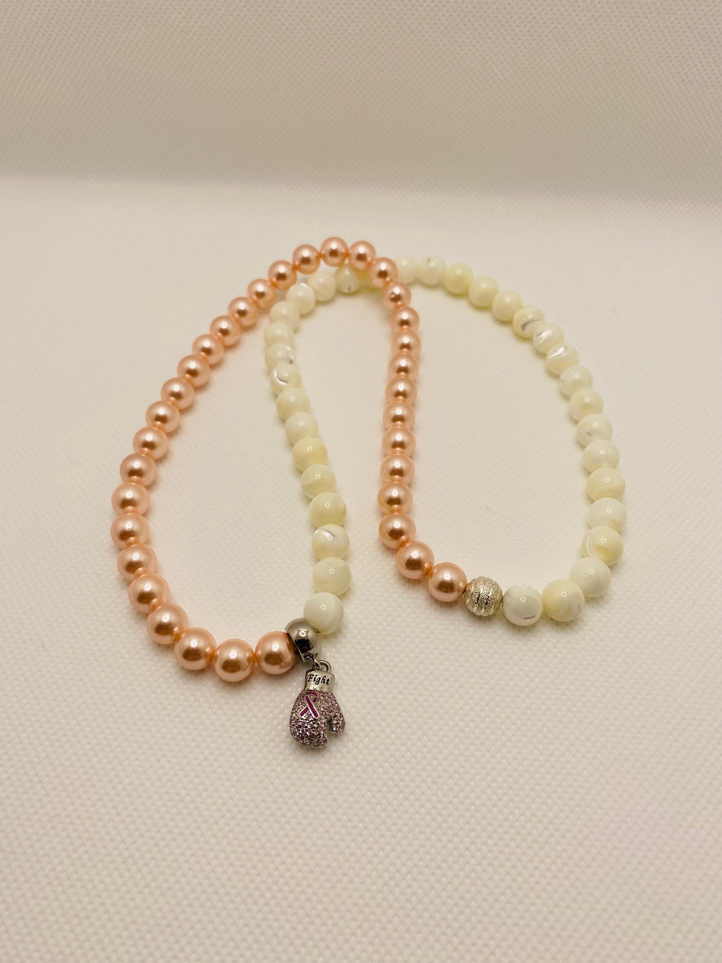 Mother of Pearl Beaded Necklace: Pink Ribbon Boxing Glove, Cancer Survivor Gift