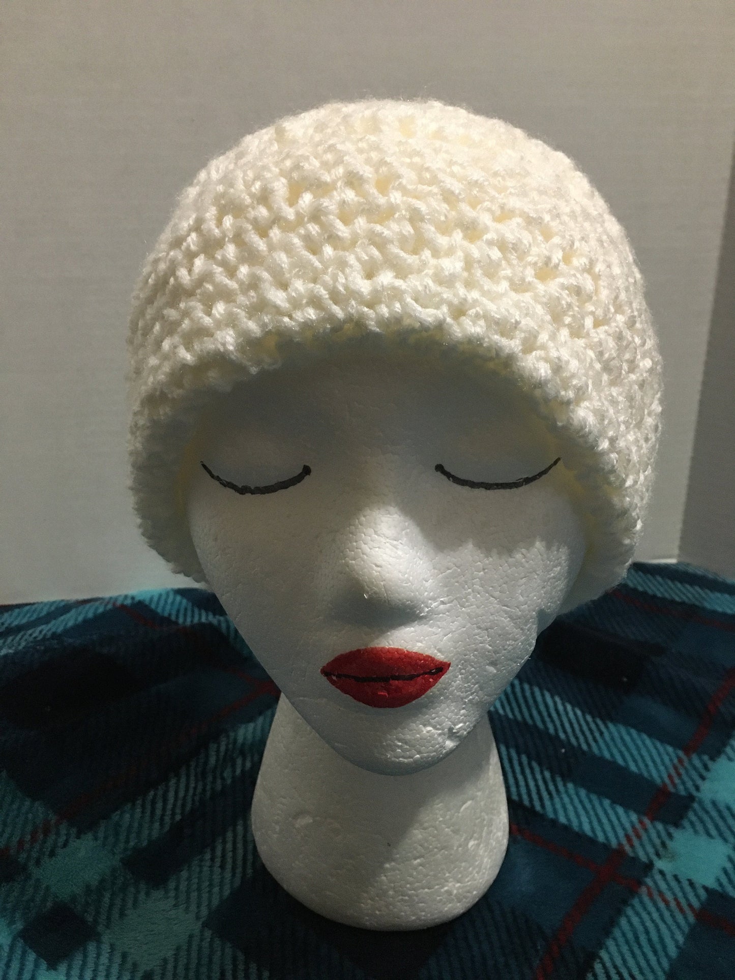 Handmade Crochet Slouchy Beanie: White Acrylic Hat with Flower