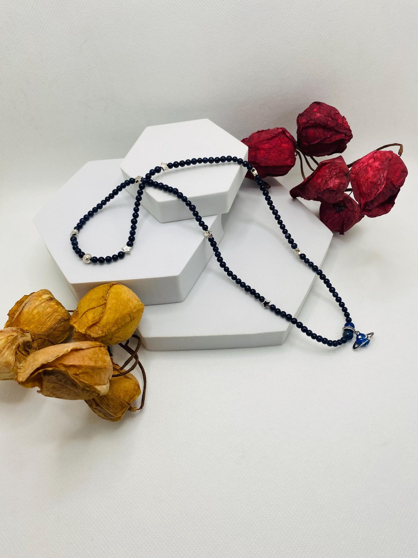 Saturn Necklace: Blue Goldstone Celestial Jewelry