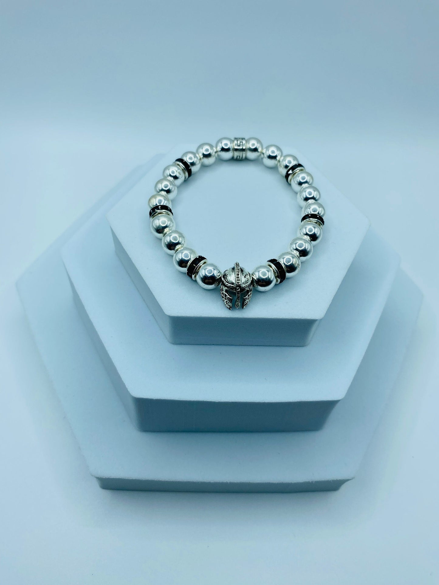 Mens Spartan Helmet Bracelet: Silver Hematite Gemstone Beads, Medieval Jewelry