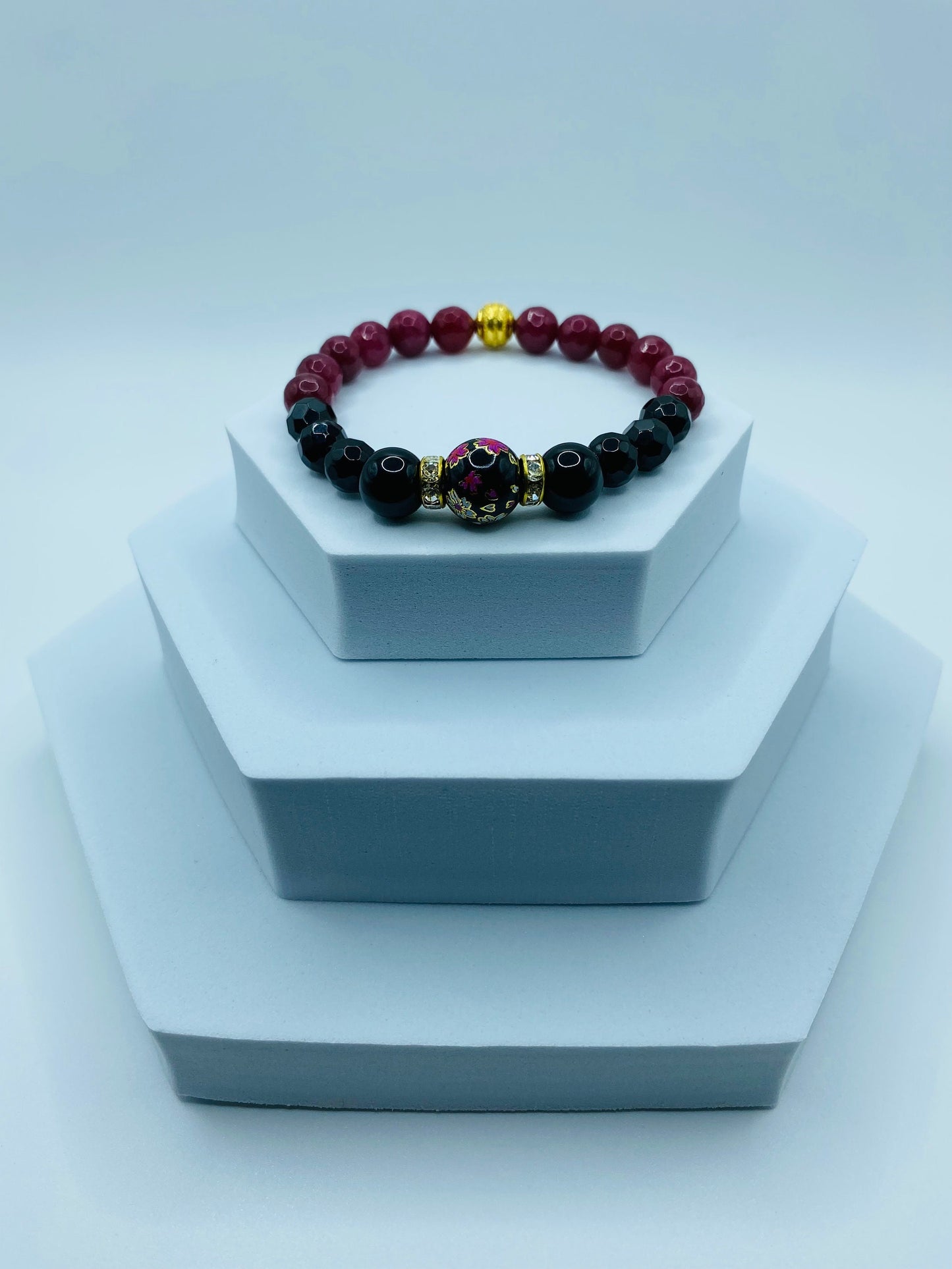 Black Onyx & Red Jade Gemstone Bracelet with Floral Lampwork Bead