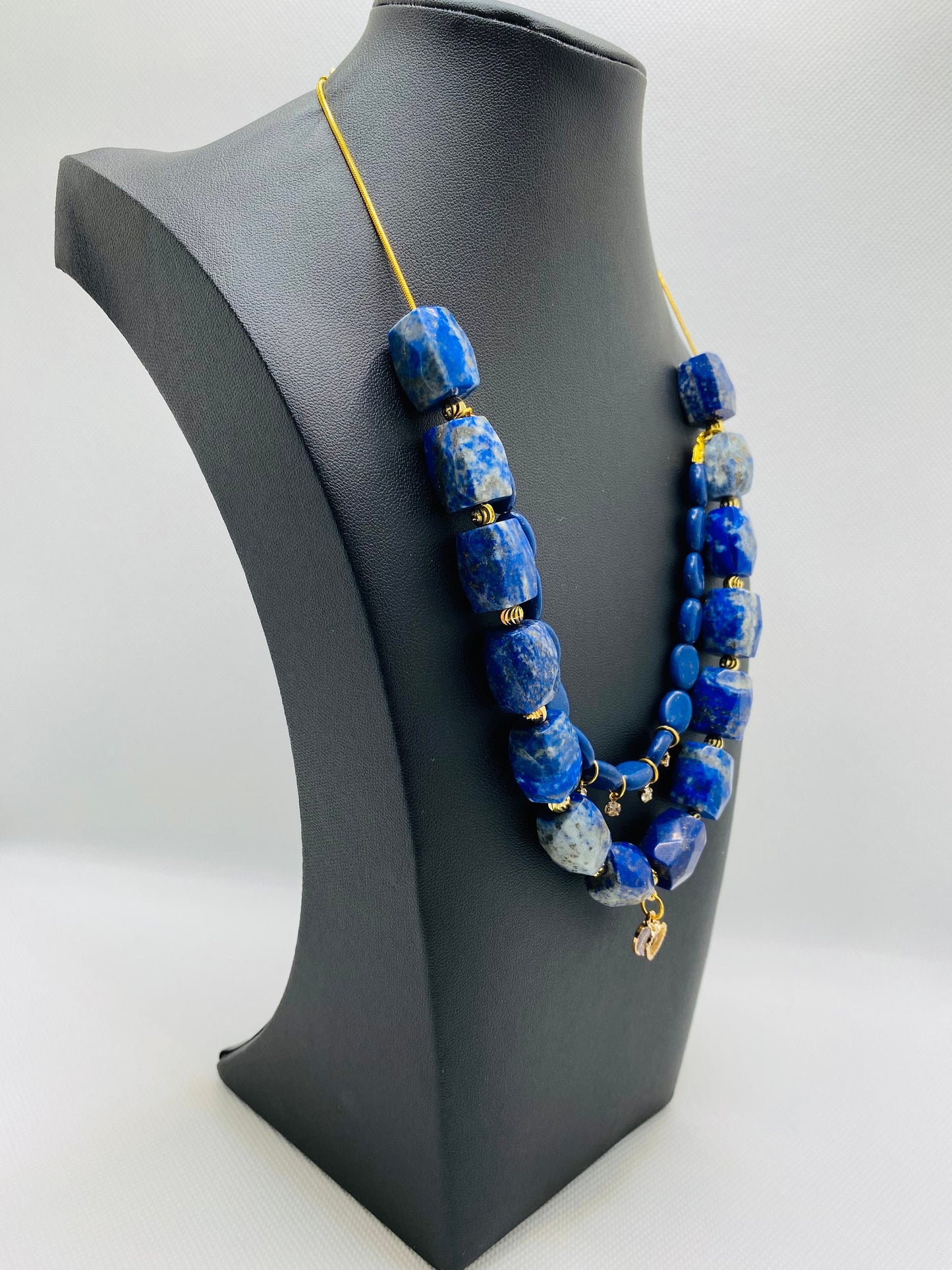 Handmade Lapis Lazuli Layered Necklace: Gold Plated Heart Pendant