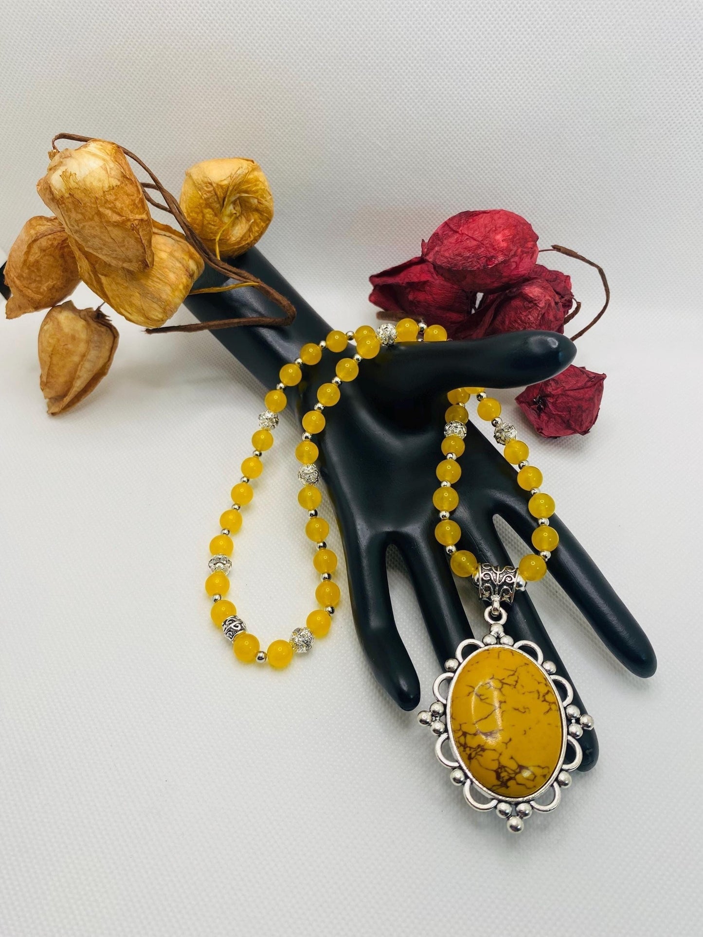 Jade Necklace for Women with Silver Hematite Gemstone Beads & Turquoise Pendant, Gifts for Her