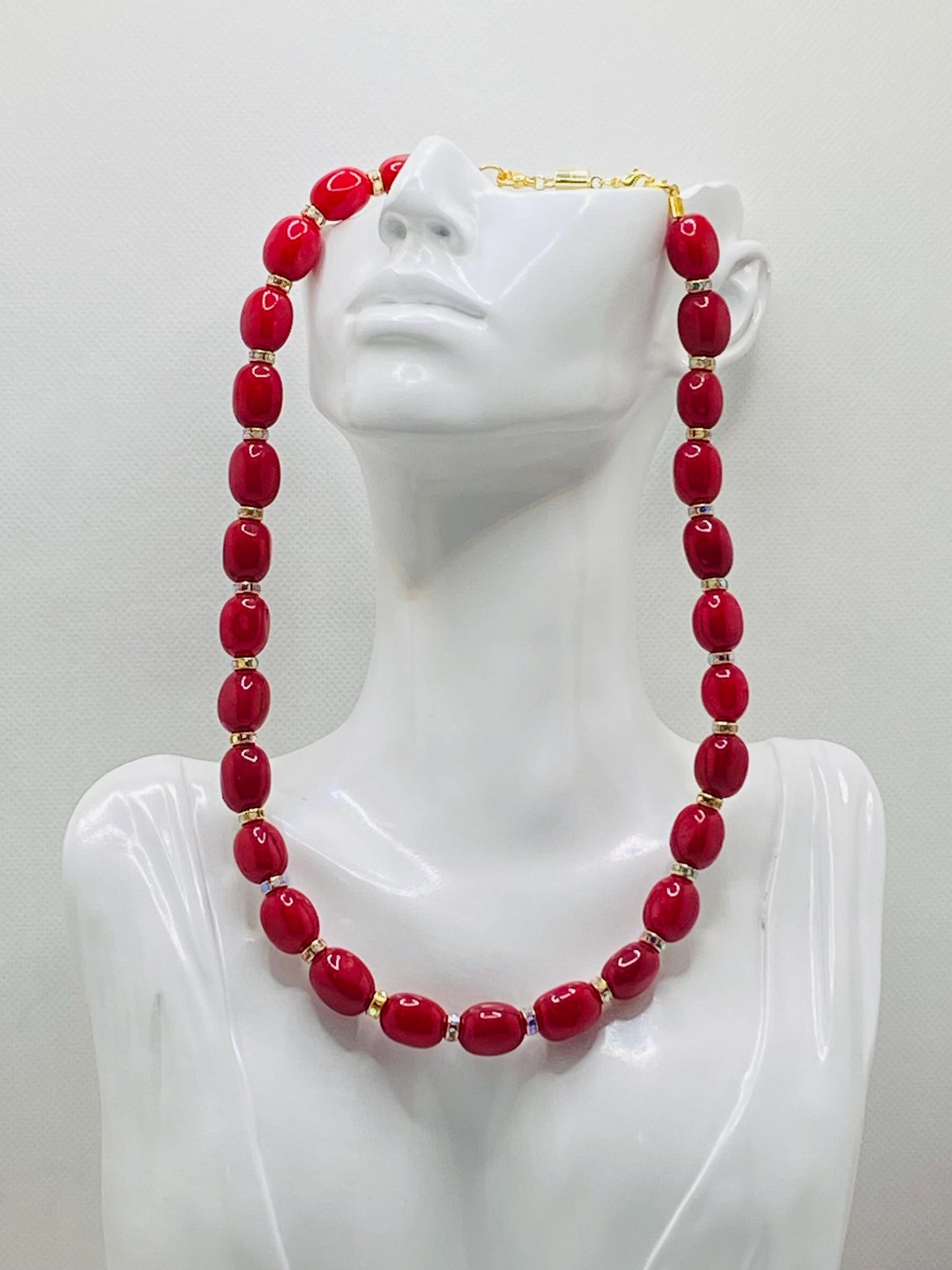 Red Jade Gemstone Necklace: Rhinestone Rondelles, Magnetic Clasp