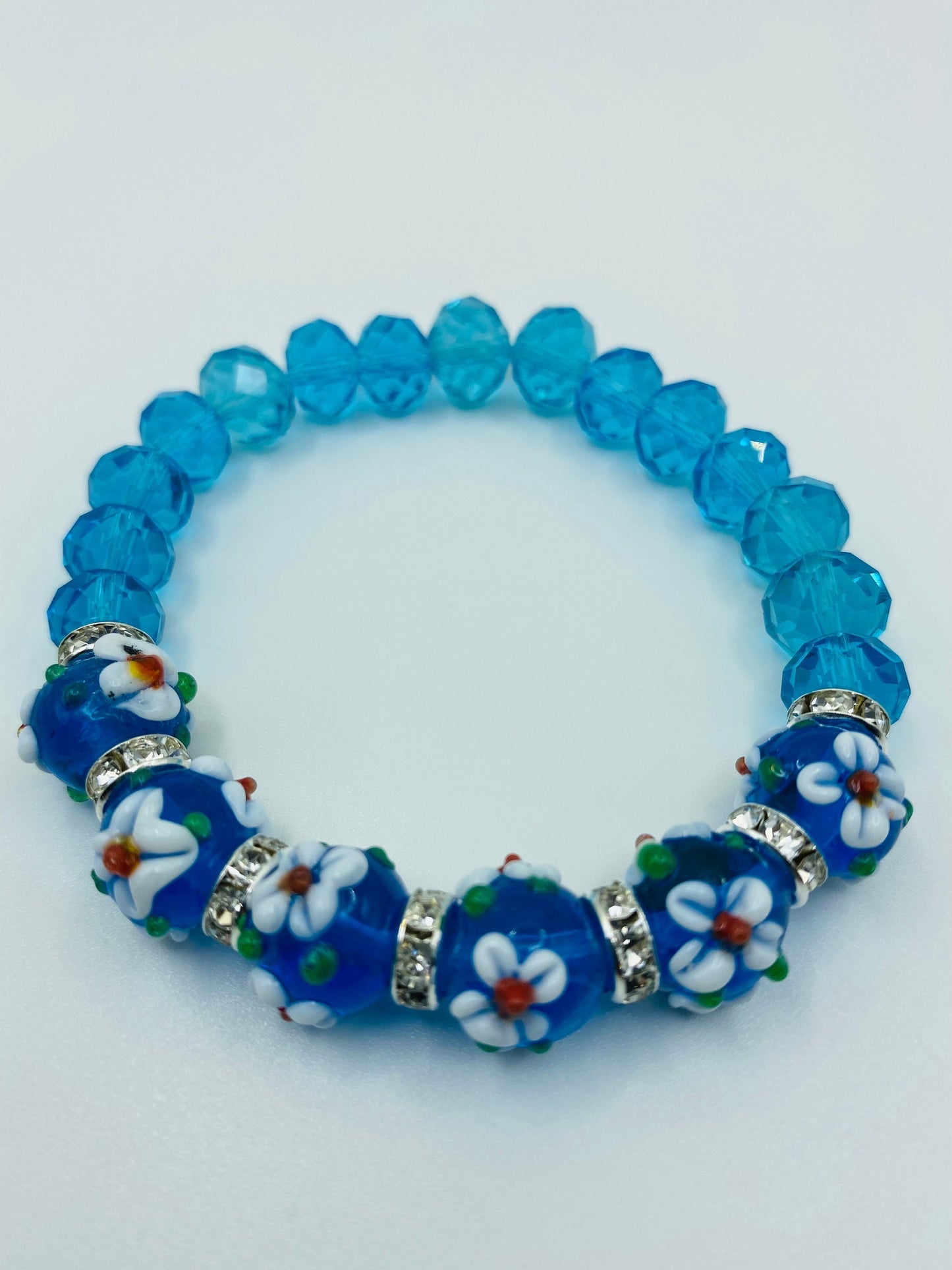 Blue Crystal Bracelet: Floral Lampwork Glass Beads, Rhinestone Rondelles