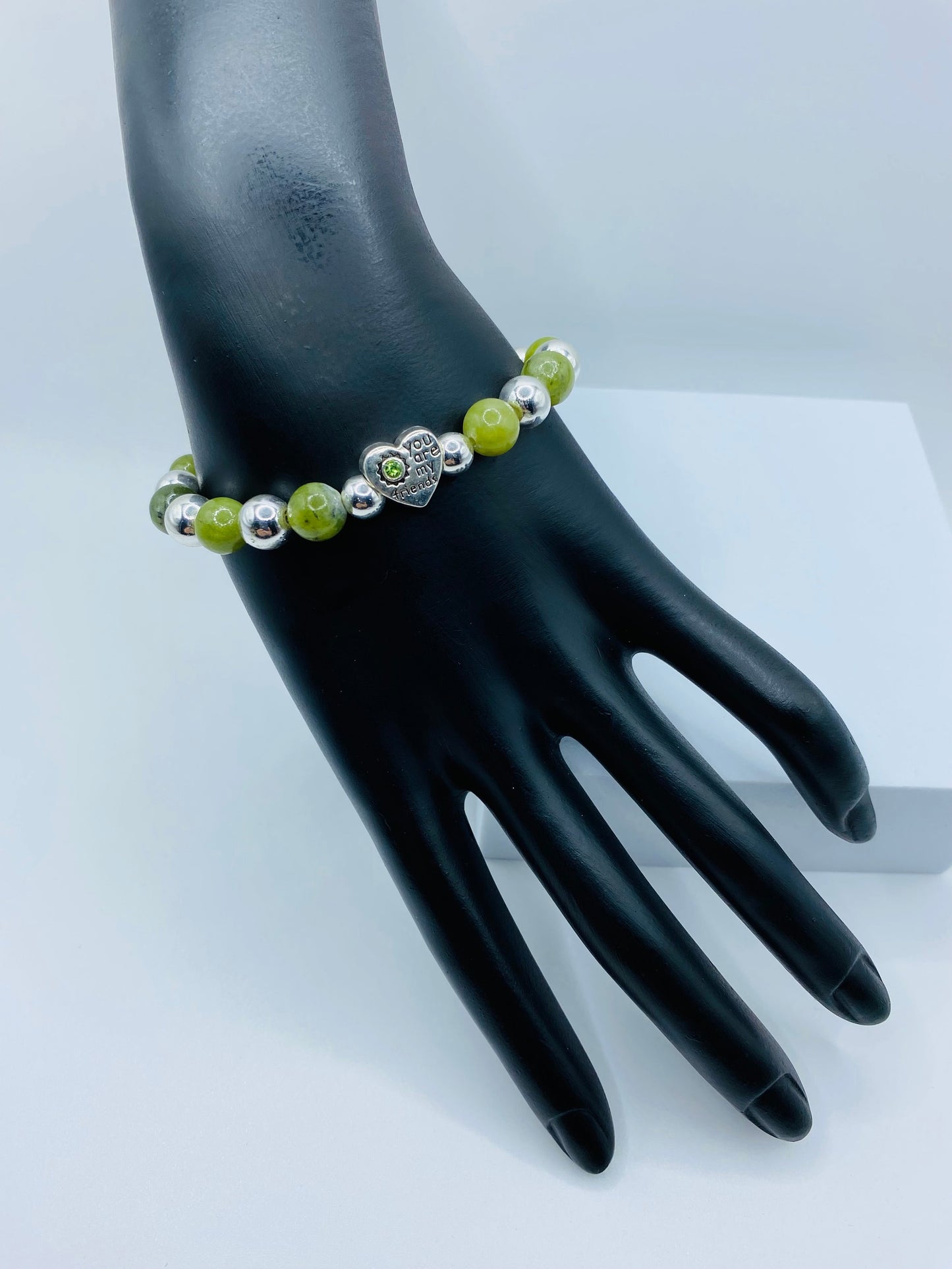 Friendship Bracelet with Green Jade & Hematite Gemstone Beads, Heart Jewelry Gifts for Friends
