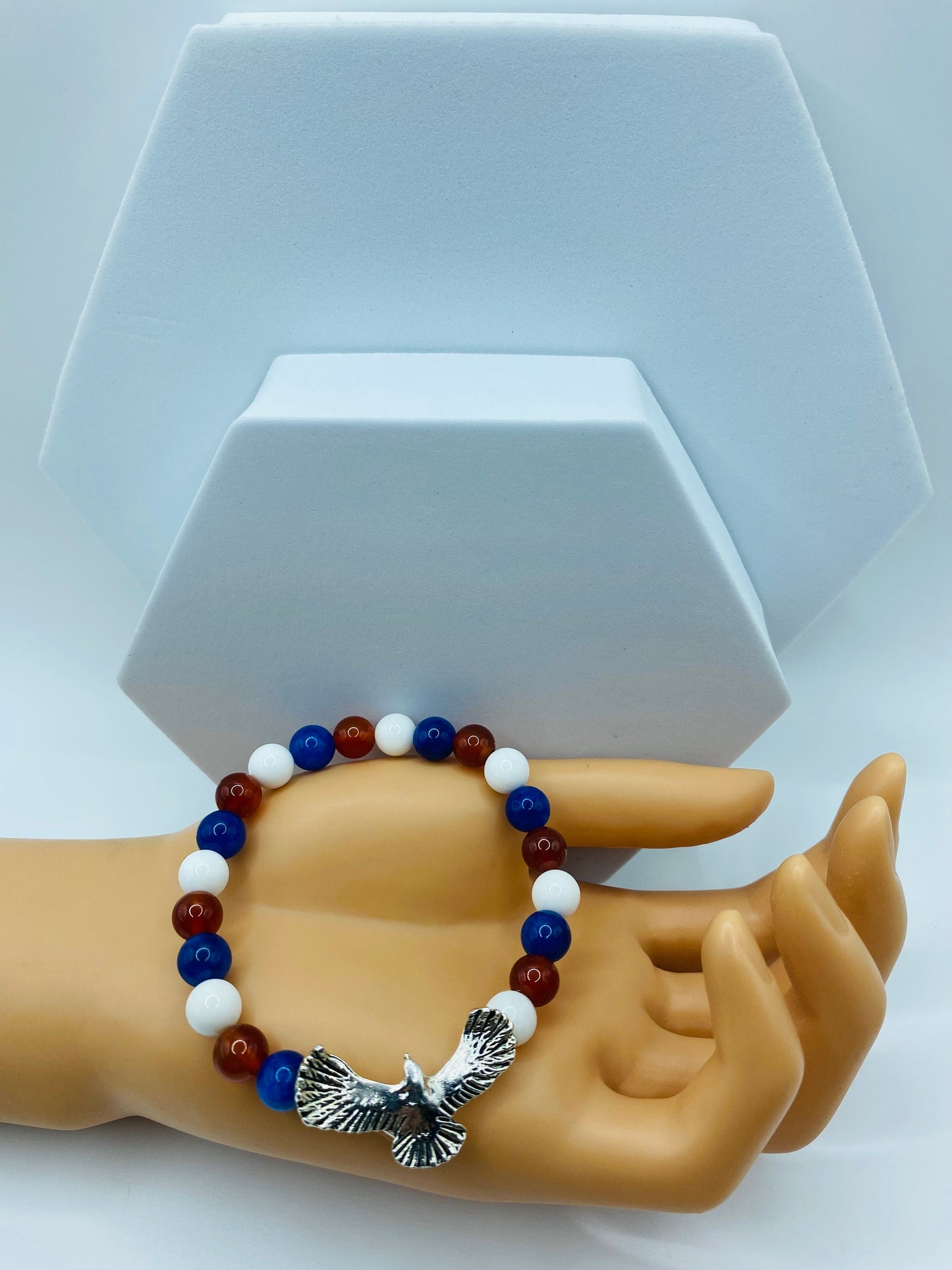 Eagle Charm Bracelet: Red, White & Blue Gemstone Beaded Patriotic Jewelry