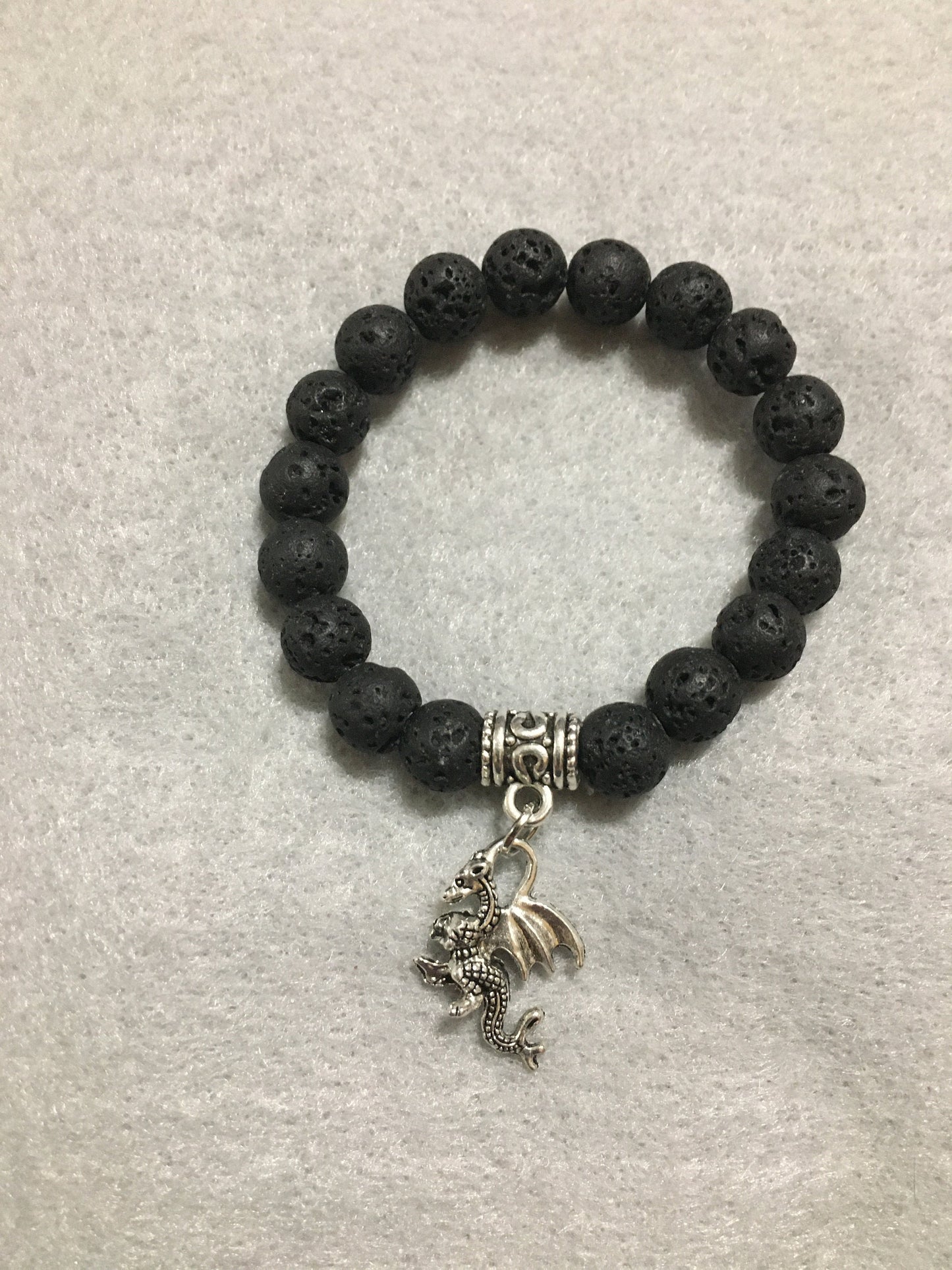 Lava Rock Dragon Bracelet: Antique Silver Charm, Gemstone Beads