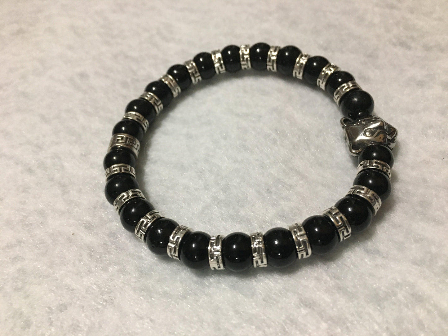 Chicago Bears Bracelet: Onyx Gemstone Beads, Stainless Steel Bear Charm