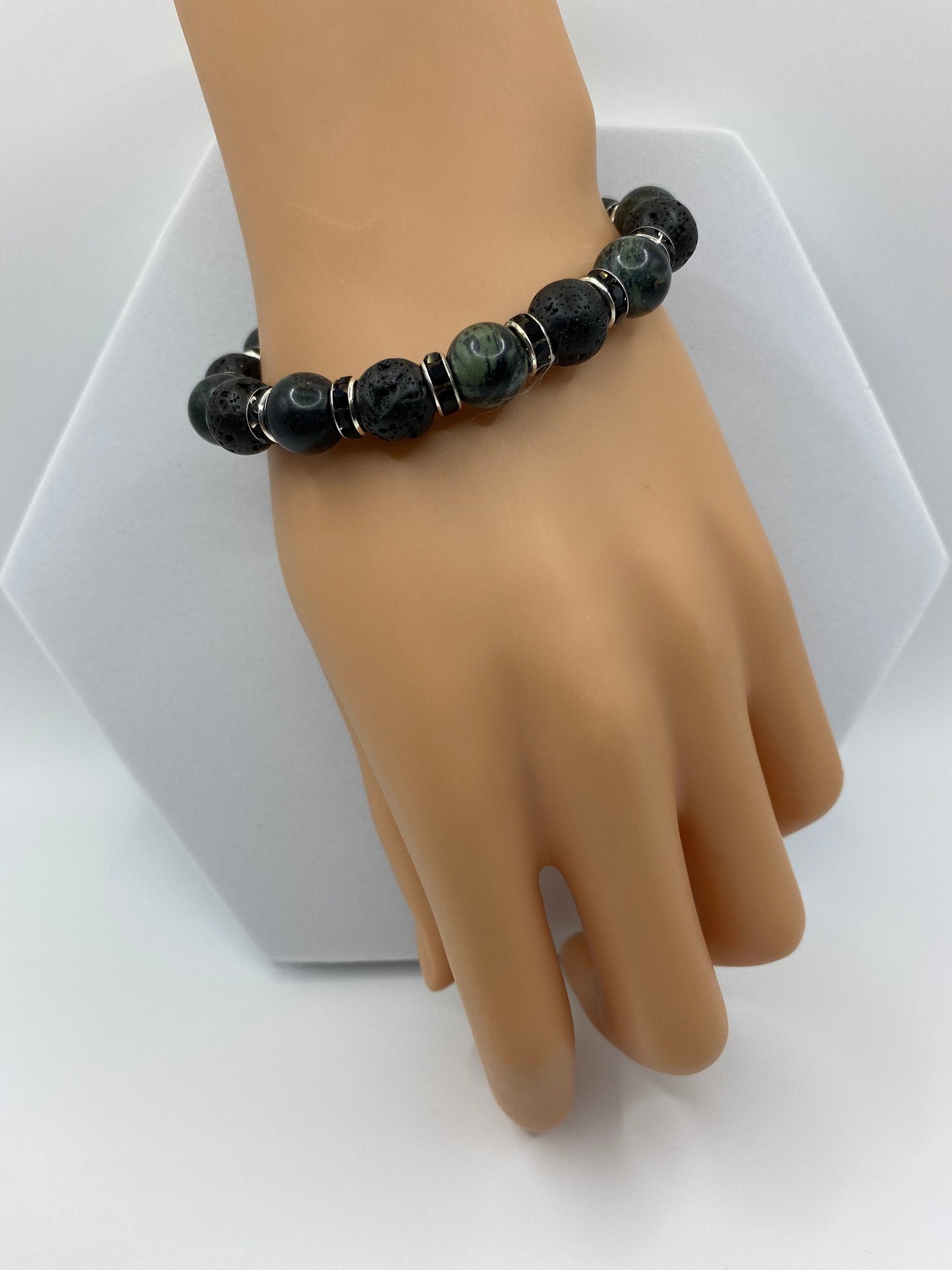 Lava Rock & Labradorite Bracelet with Rhinestone Accents