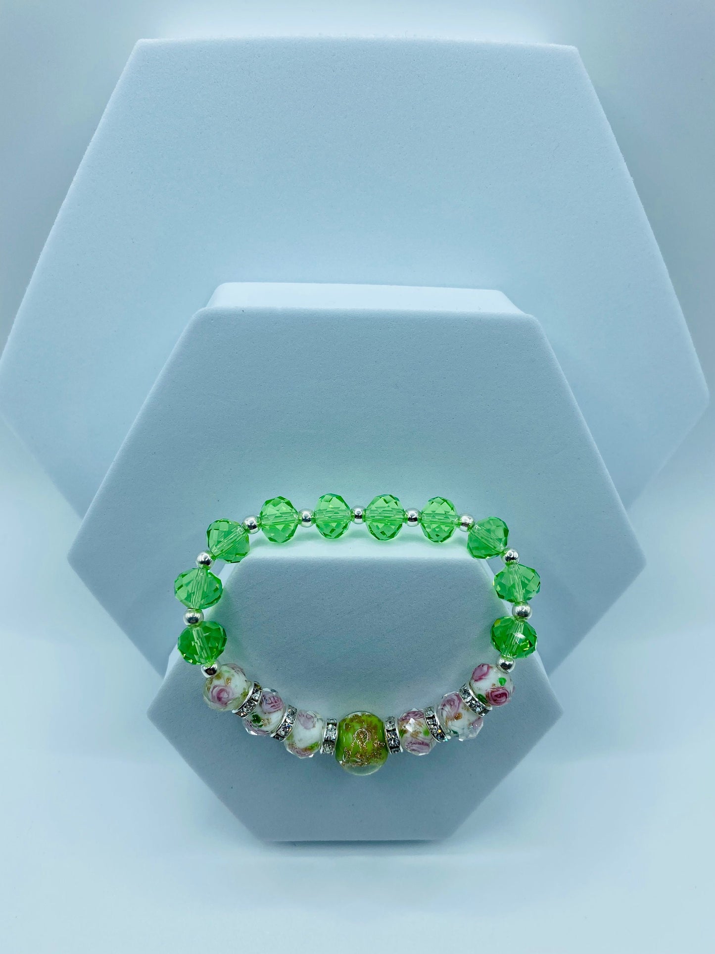 Lampwork Floral Crystal Bracelet: Green Glass Bead Handmade Jewelry