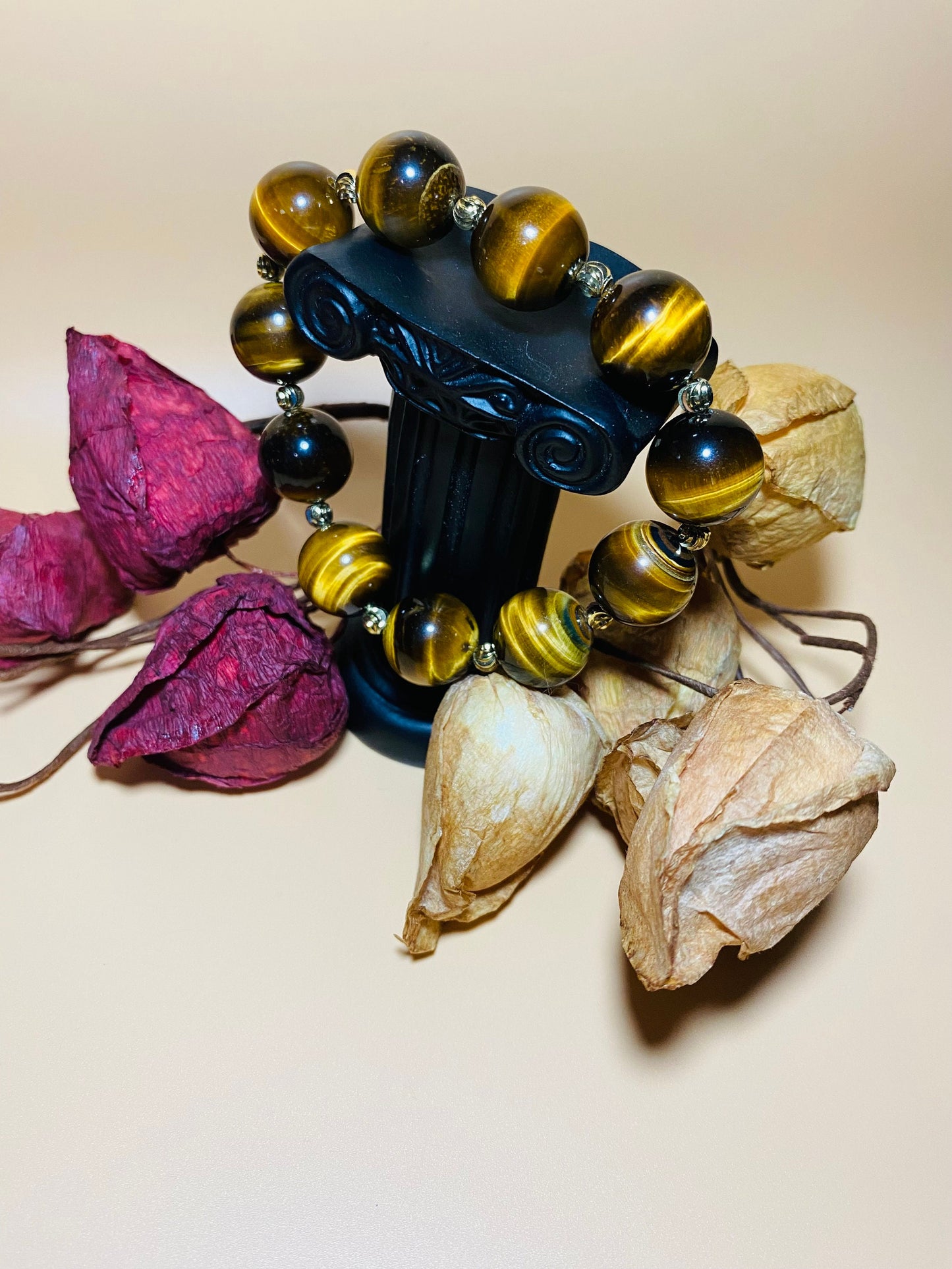 Tigers Eye Gemstone Bracelet: 16mm Beads with Gold Spacers