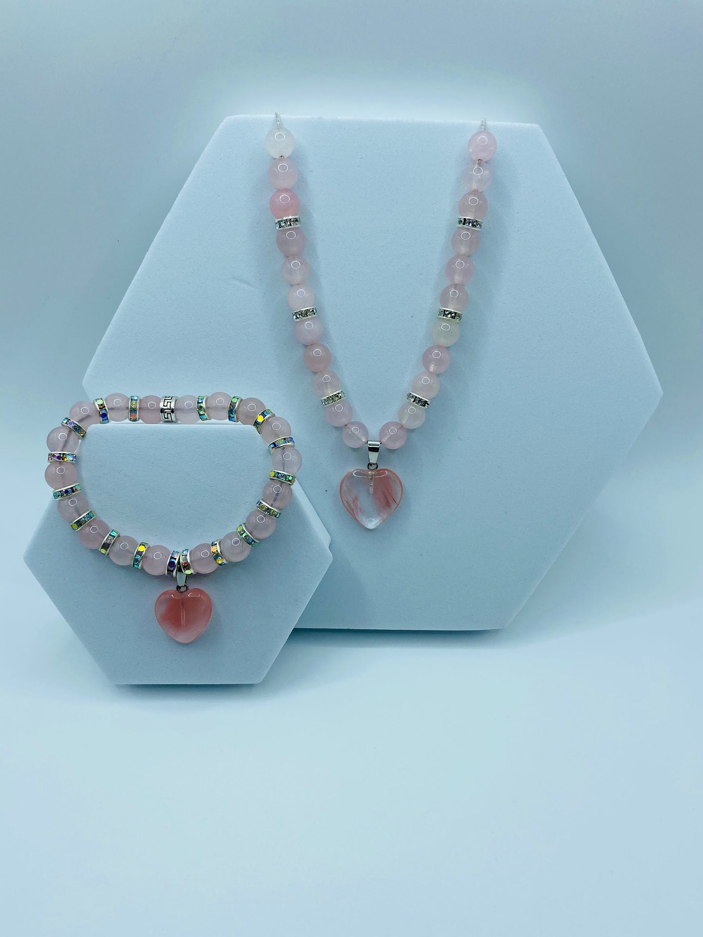 Rose Quartz Necklace Bracelet Set: Pink Aventurine Heart Charm, Rhinestone Rondelles
