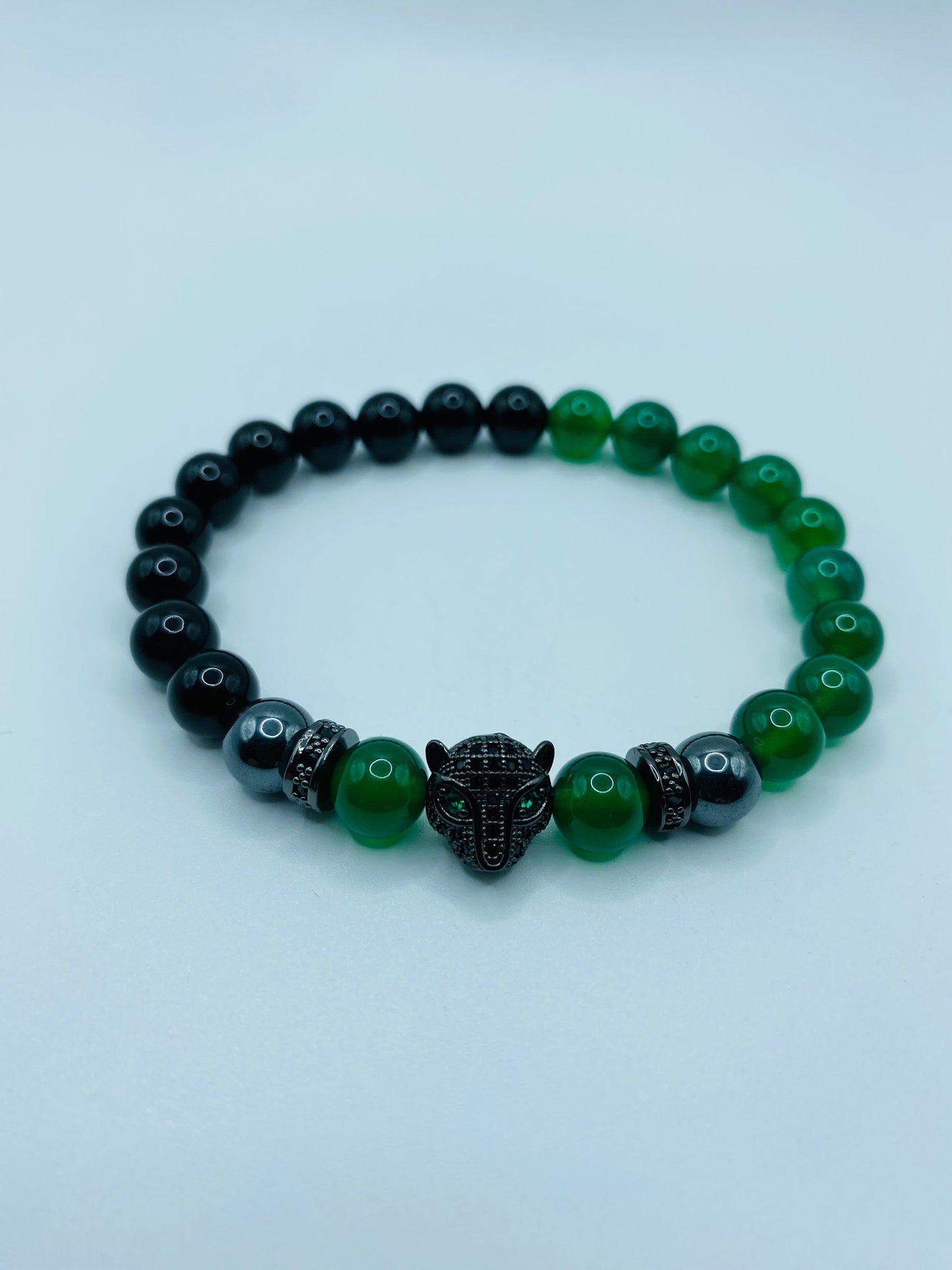 Handmade Black Panther Charm Bracelet: Onyx, Jade & Hematite Gemstone Beads